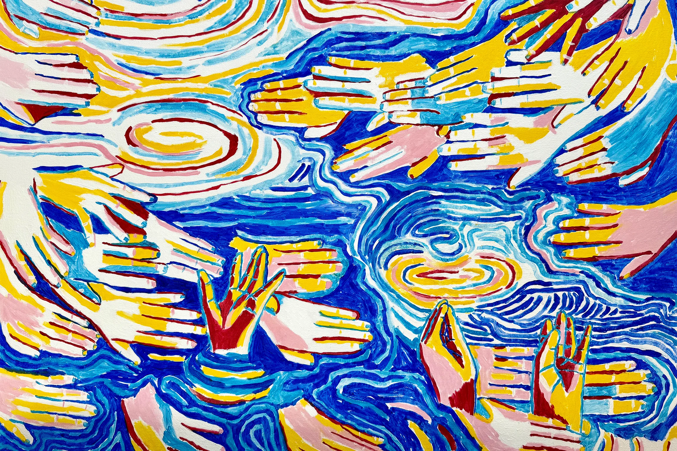 Oil painting of hands shaped like water lilies