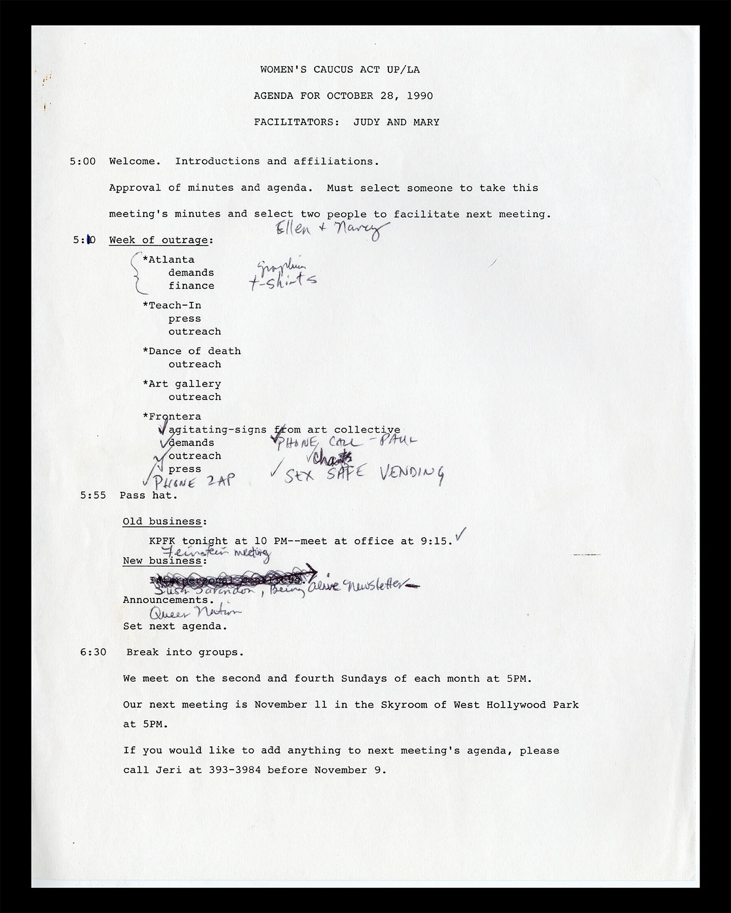 Typed agenda for an October 28, 1990 ACT UP/LA Women’s Caucus meeting, featuring handwritten notes and discussion topics related to AIDS activism and outreach.