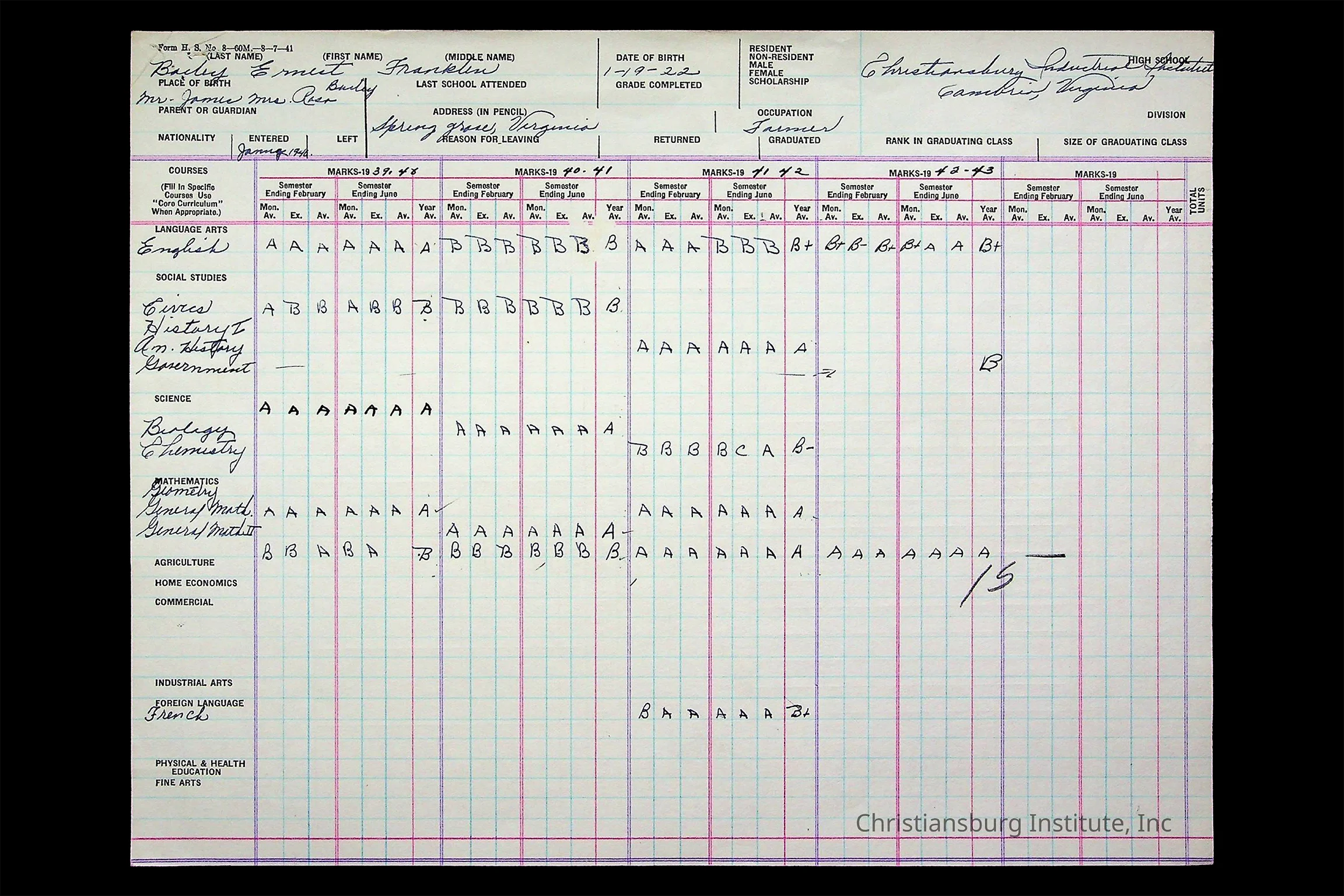 Student academic record card from Christiansburg Institute, listing courses and handwritten grades across multiple school years for a student named Bailey Emmit Franklin.