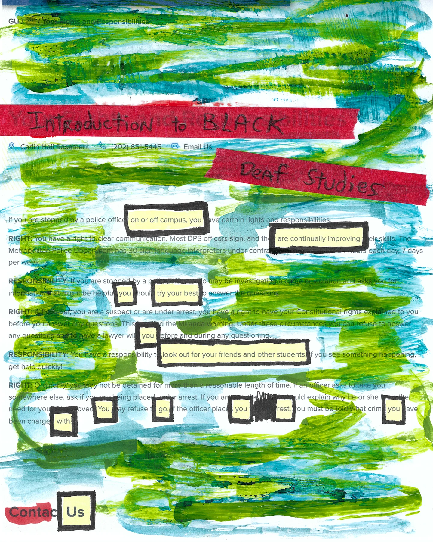 Collage with red and yellow brushstrokes and text highlighted and in boxes