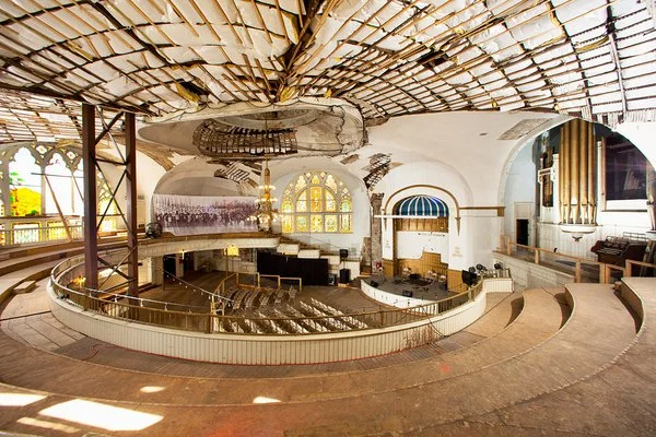 The empty interior space of the historic Clayborn Temple as it is under renovation