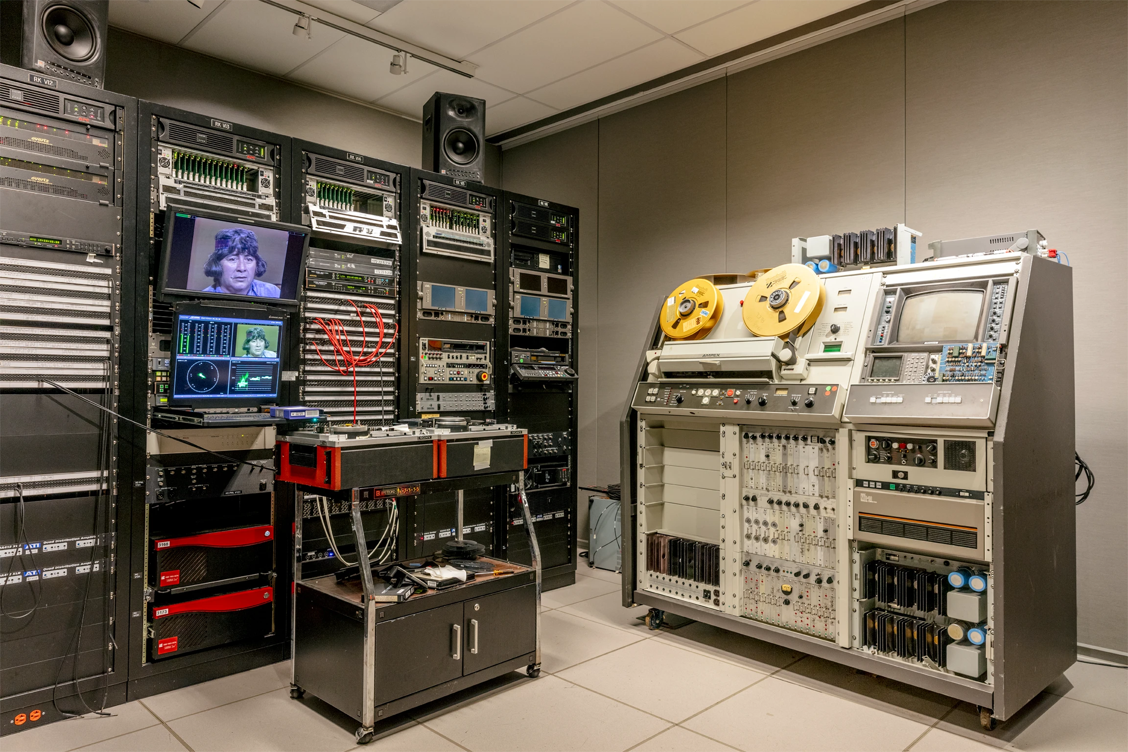 An interior room filled with audio and video equipment 