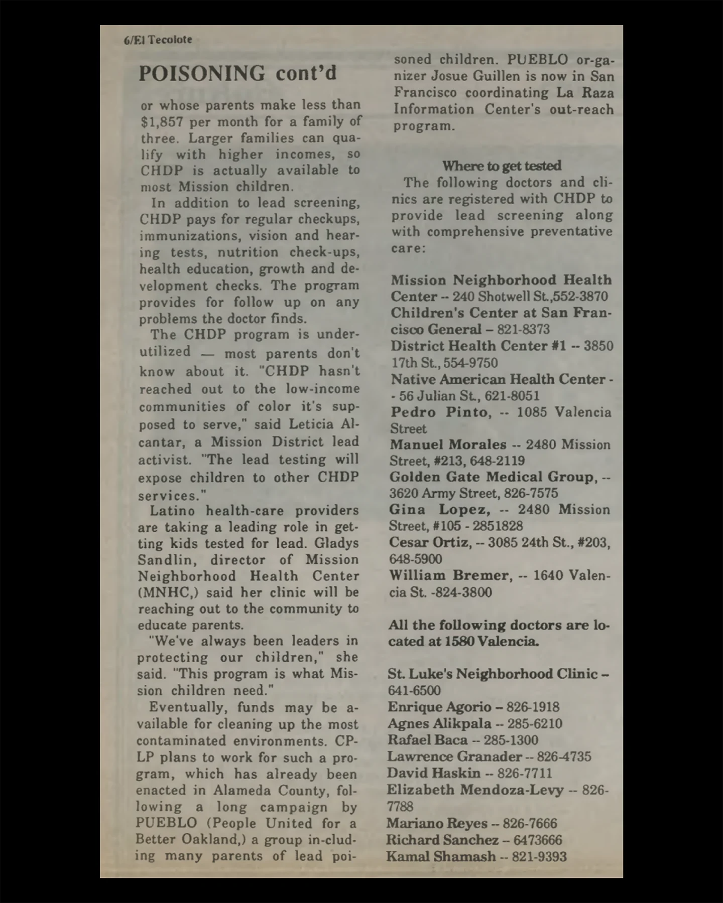 Newspaper continuation page listing community health clinics and doctors offering lead screening and children’s health services.