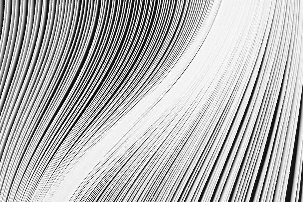 A cross-section of a book is photographed up close in black and white