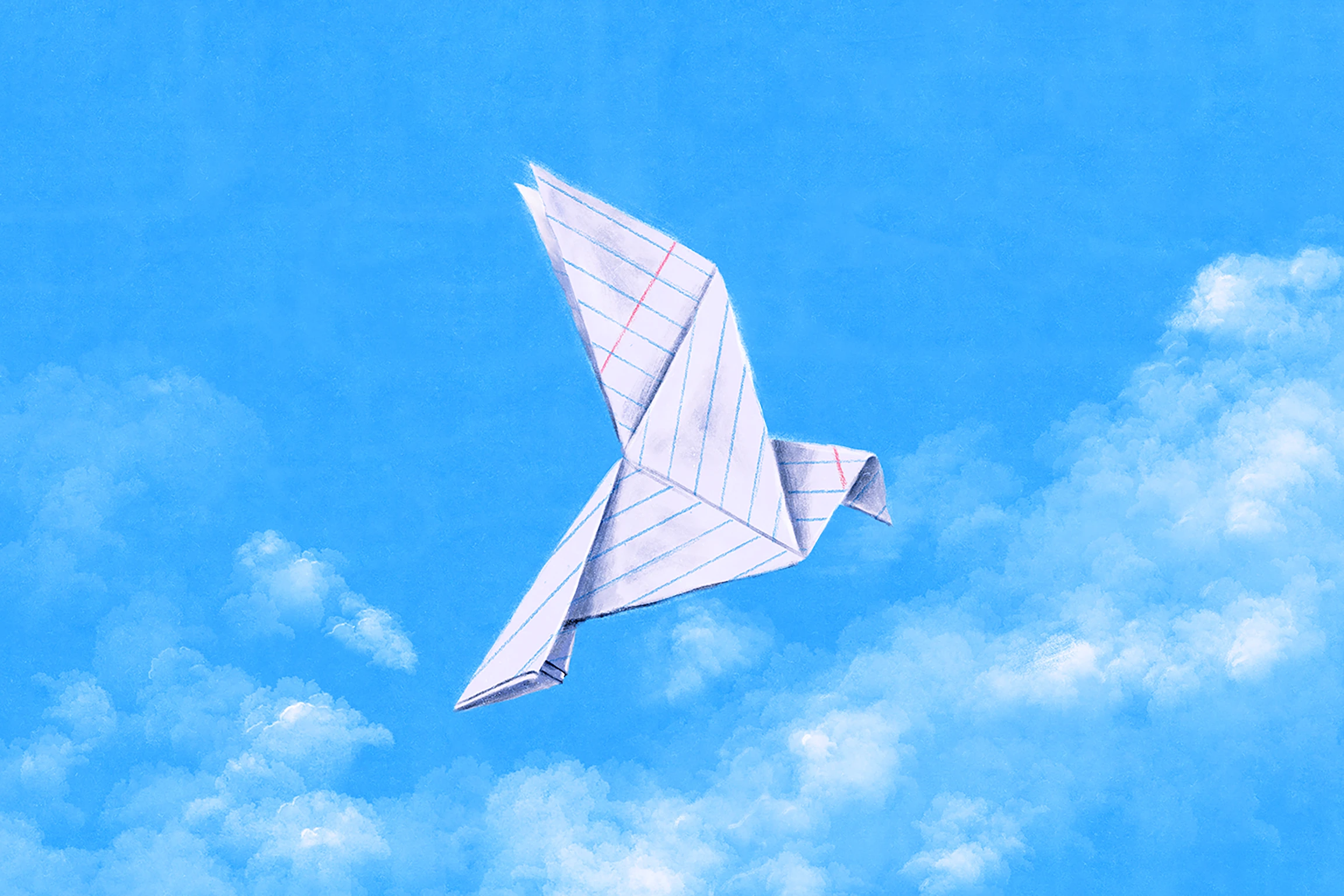 An abstract illustration of a bird flying in the sky with clouds. The bird is made of folded, lined paper in an Origami style. 