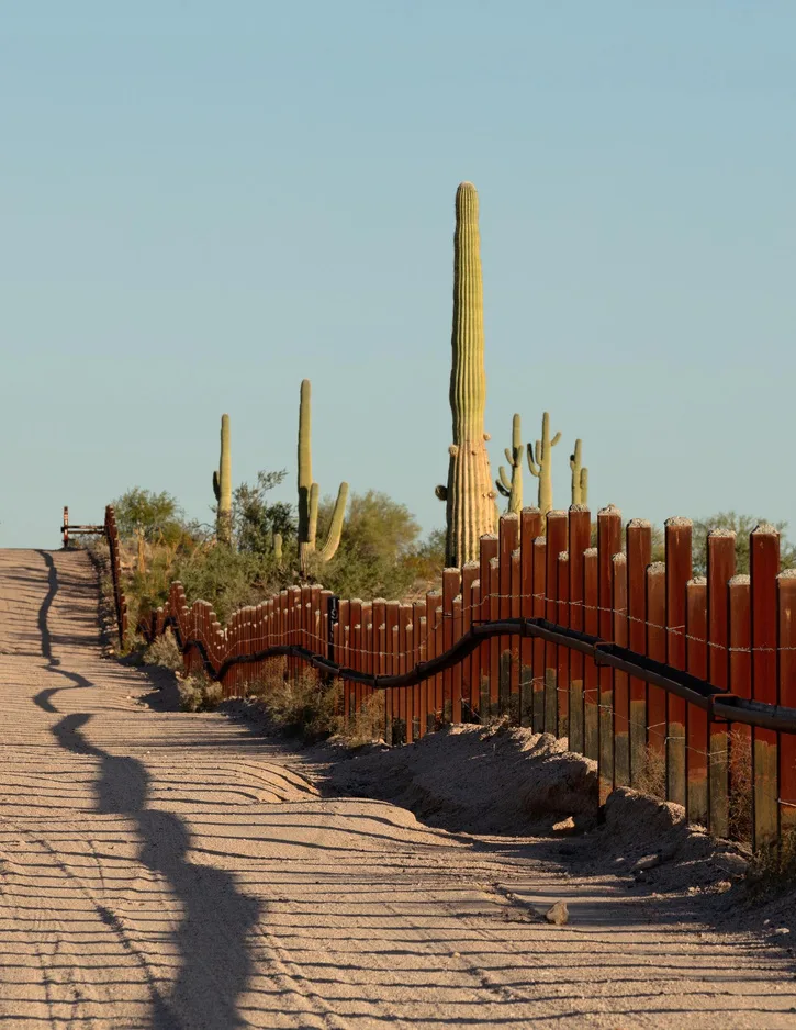A fence runs along a sand road with cacti in the distance at Organ Pipe Cactus National Monument in Pima County Arizona. 