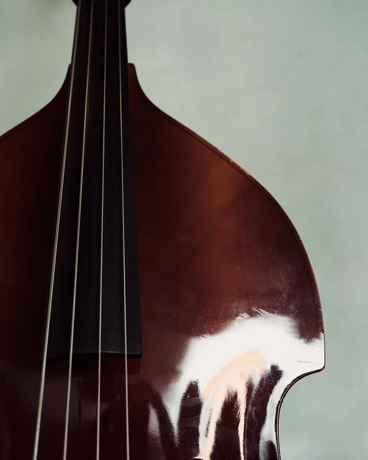 Close-up of a polished upright double bass, with its strings and fingerboard filling the frame. The warm wood finish contrasts with a soft blue-gray background, highlighting the instrument's shape and texture.
