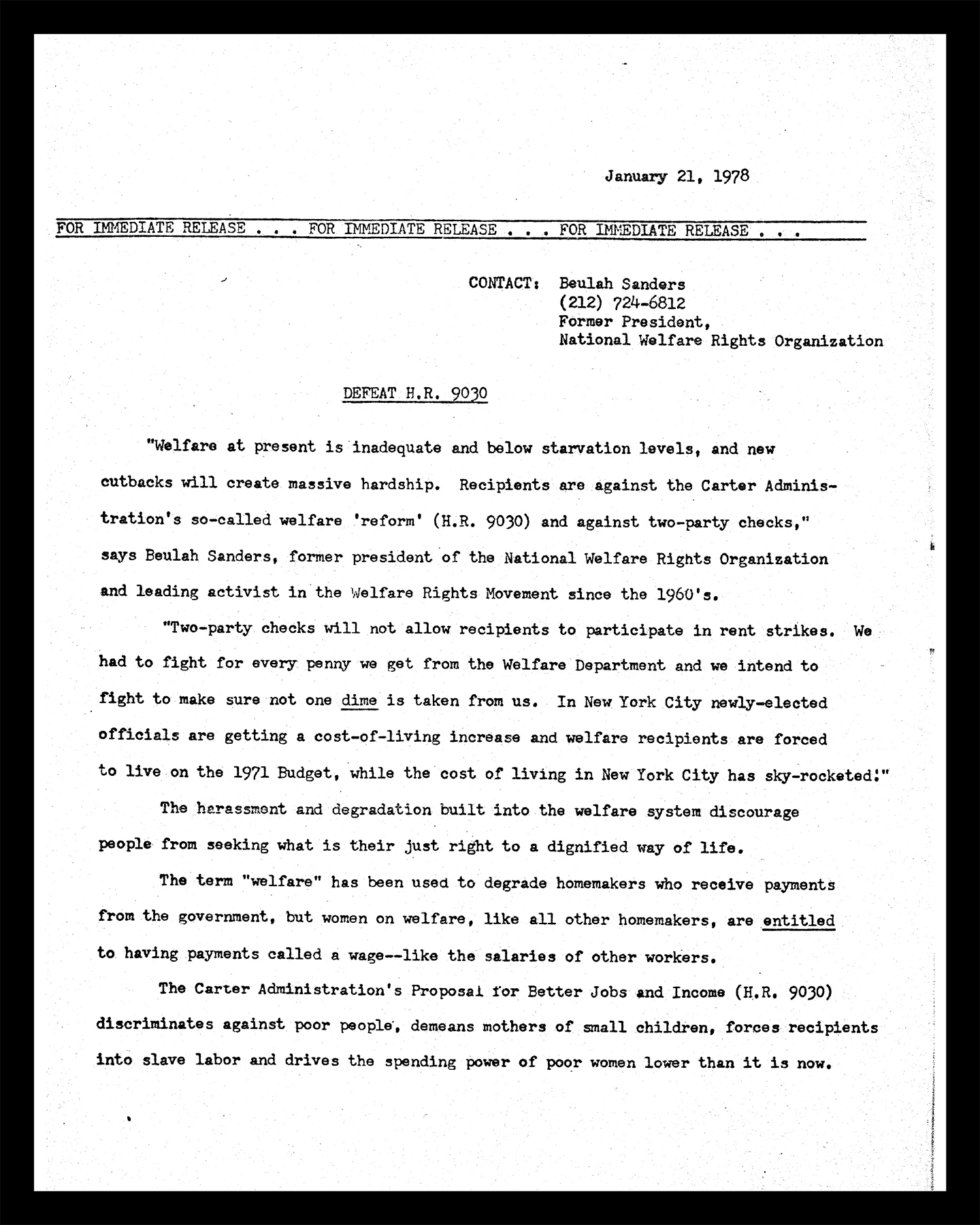 Typed press release dated January 21, 1978, titled “Defeat H.R. 9030,” criticizing proposed welfare reforms and advocating for welfare recipients’ rights.