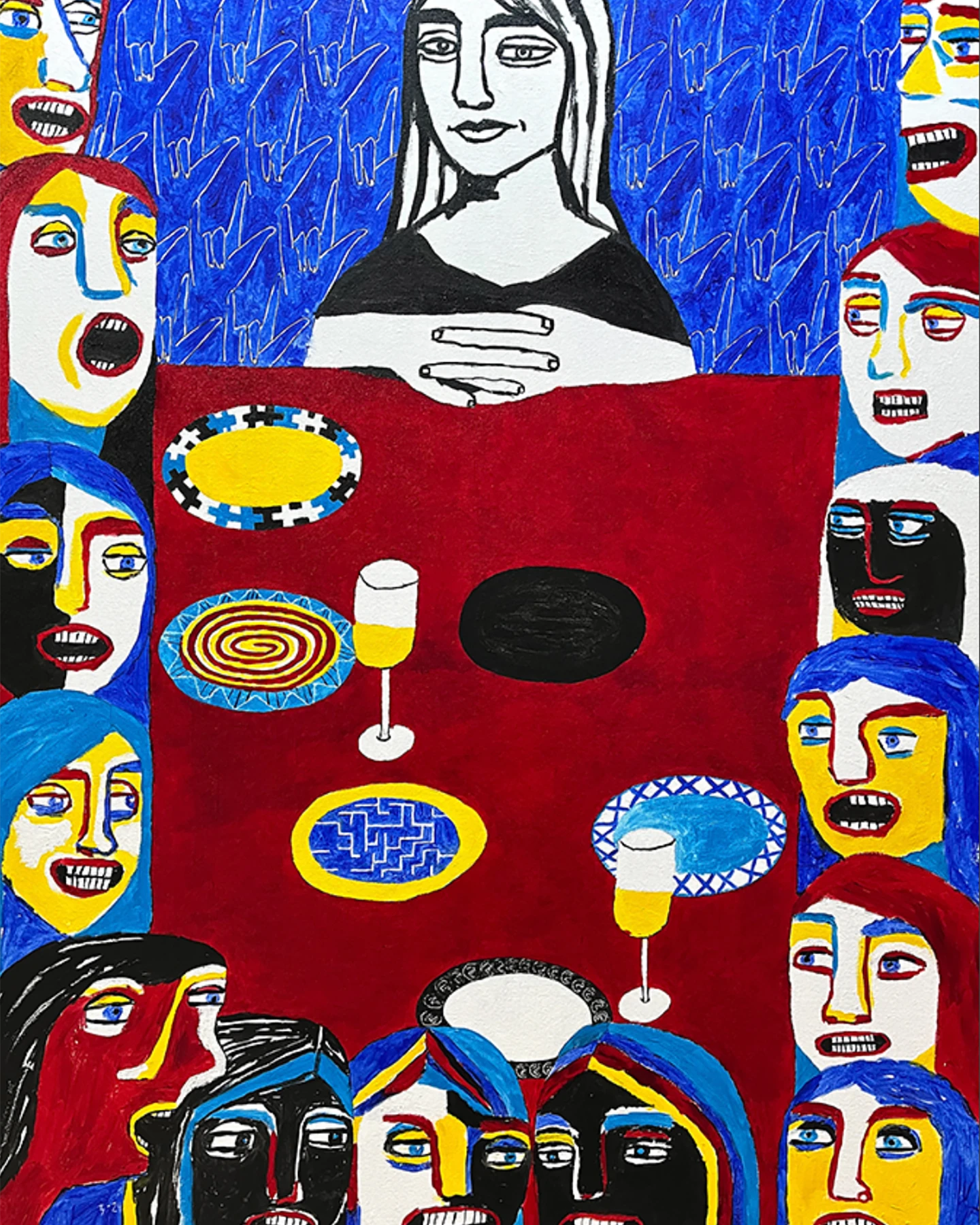 Oil painting of red table with hearing relatives and a Deaf person in black and white color