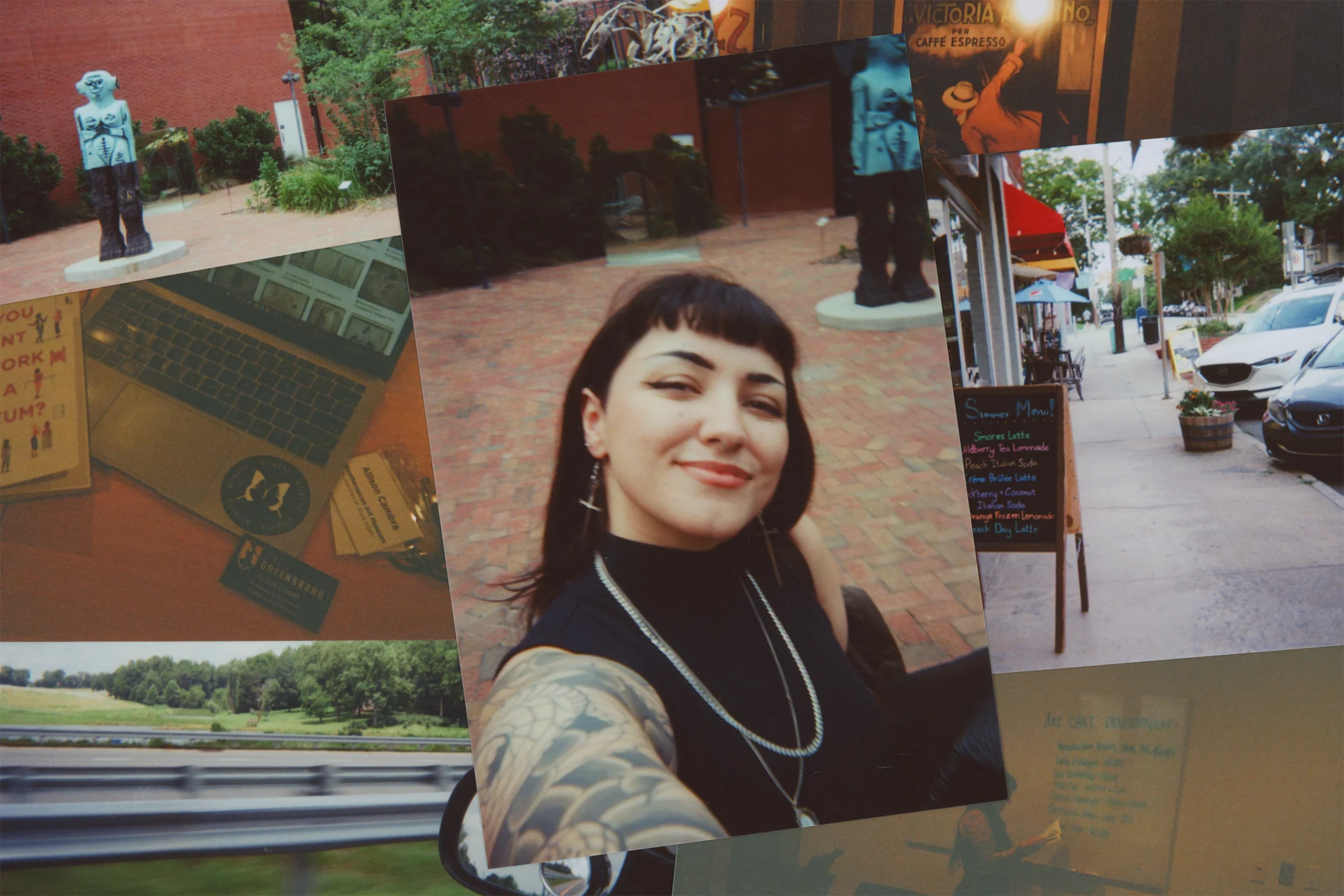 Collage of photographs showing scenes from a college campus including a main street area and a profile of a female student