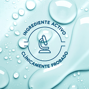 Logotipo "clínicamente probado" sobre fondo azul claro con gotas de agua