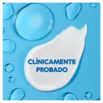 Foto gotas de agua y en el centro una gota blanca de champú con la frase "clínicamente probado"