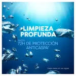Foto debajo del la superficie marina con burbujas y un eslogan de LIMPIEZA PROFUNDA y hasta 72 horas de protección anticaspa