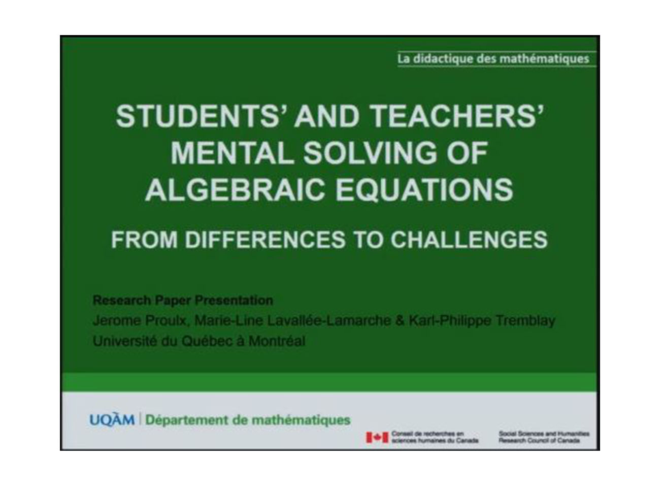 FR The Fields Institute MathEd Forum – January 2017 Meeting