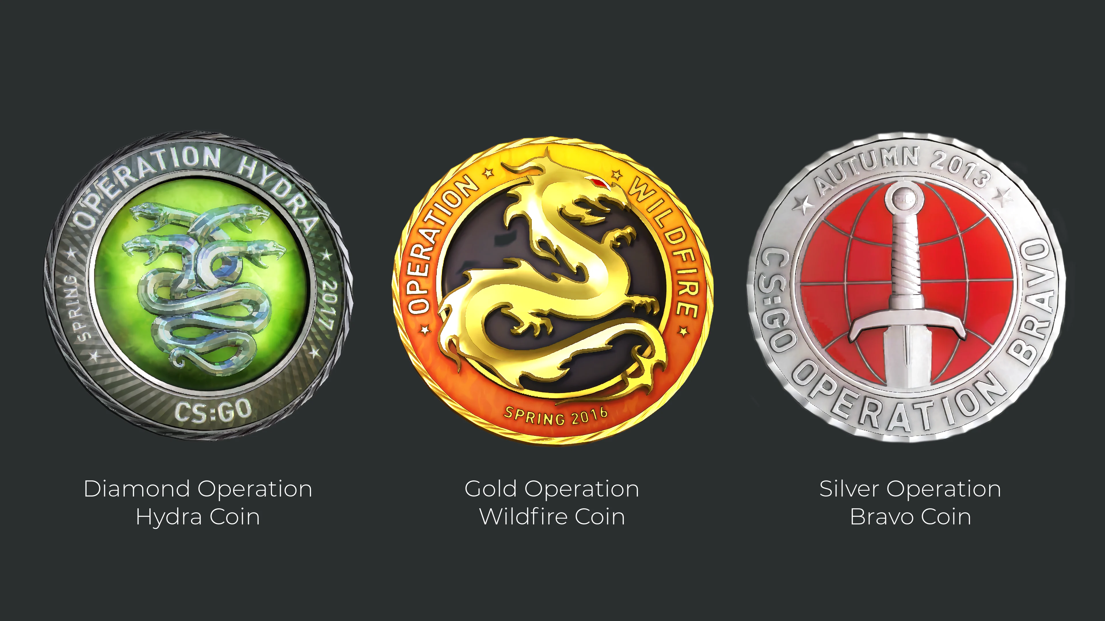 CS:GO Operation coins in Diamond, Gold and Silver