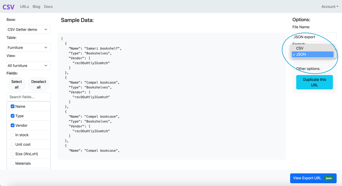 Switch export URL to JSON format