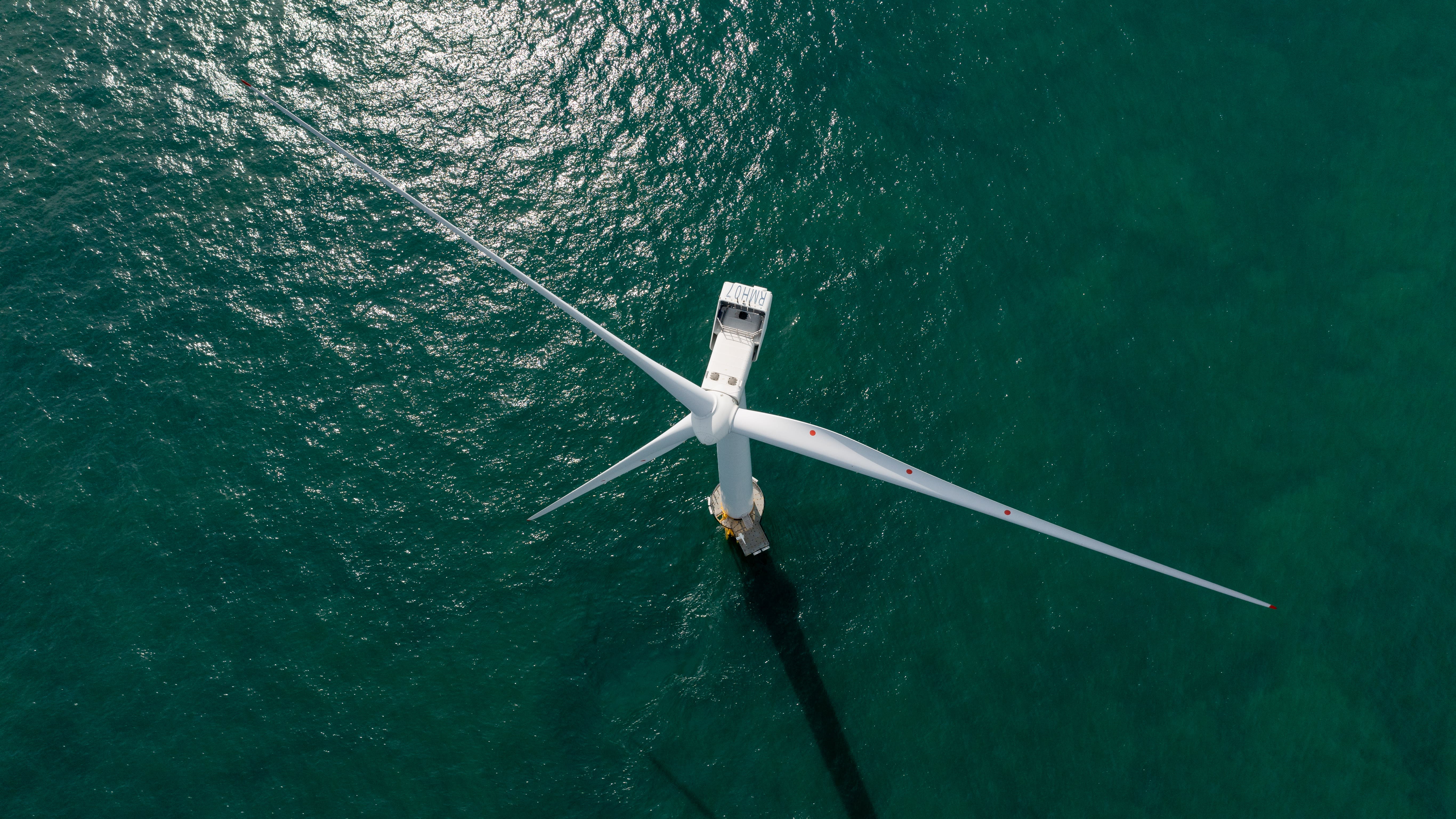 A wind turbine from above in the Rampion offshore wind farm. Photo: Ben Barden Photography