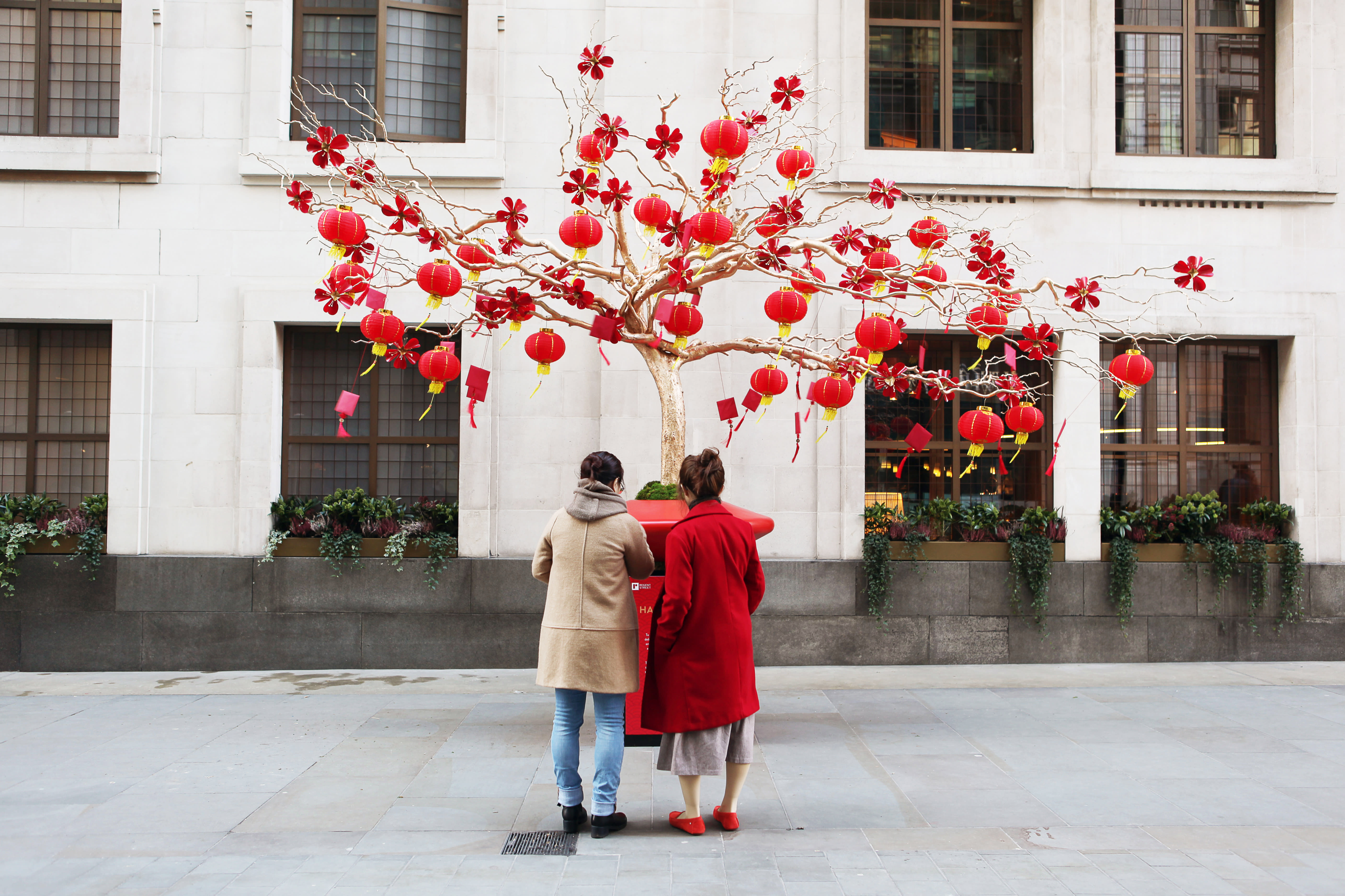 Two people standing in front of a Bonsai Wishing Tree to mark Chinese New Year