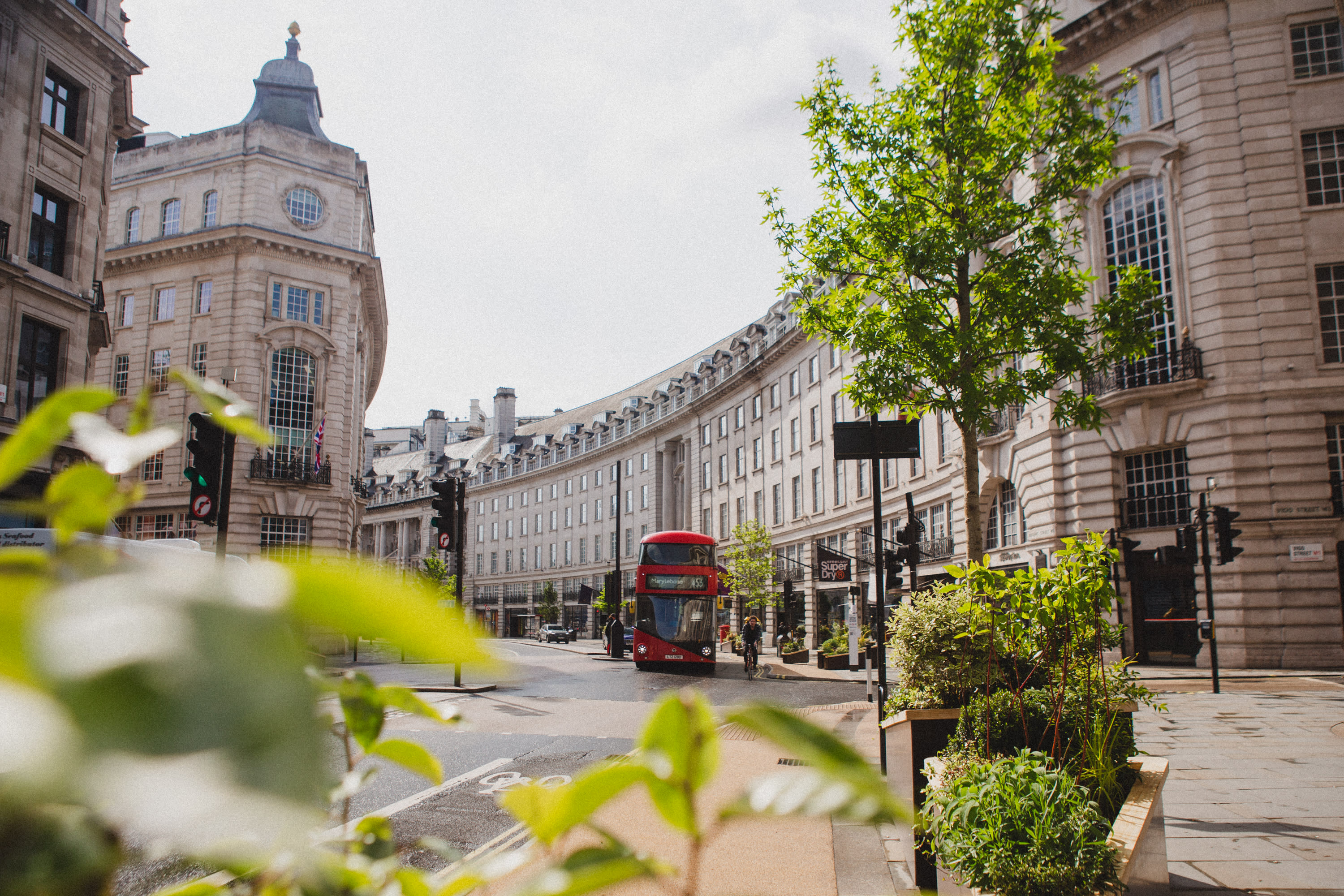 Curve of Regent Street with plants in foreground