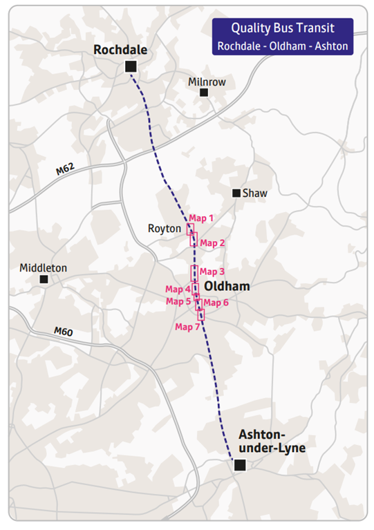 Map overview showing the Rochdale Oldham Ashton Bus Corridor. Areas along the A671 proposed for improvement works are highlighted.   These are Map 1 Royton Town Centre, Map 2 High Barn Street to Shaw Road, Map 3 Sheepfoot Lane to Featherstall Road North, Map 4 Chadderton Way, Map 5 St Mary’s Way, Map 5 West St gyratory to Union Street, Map 7 King Street Roundabout.   