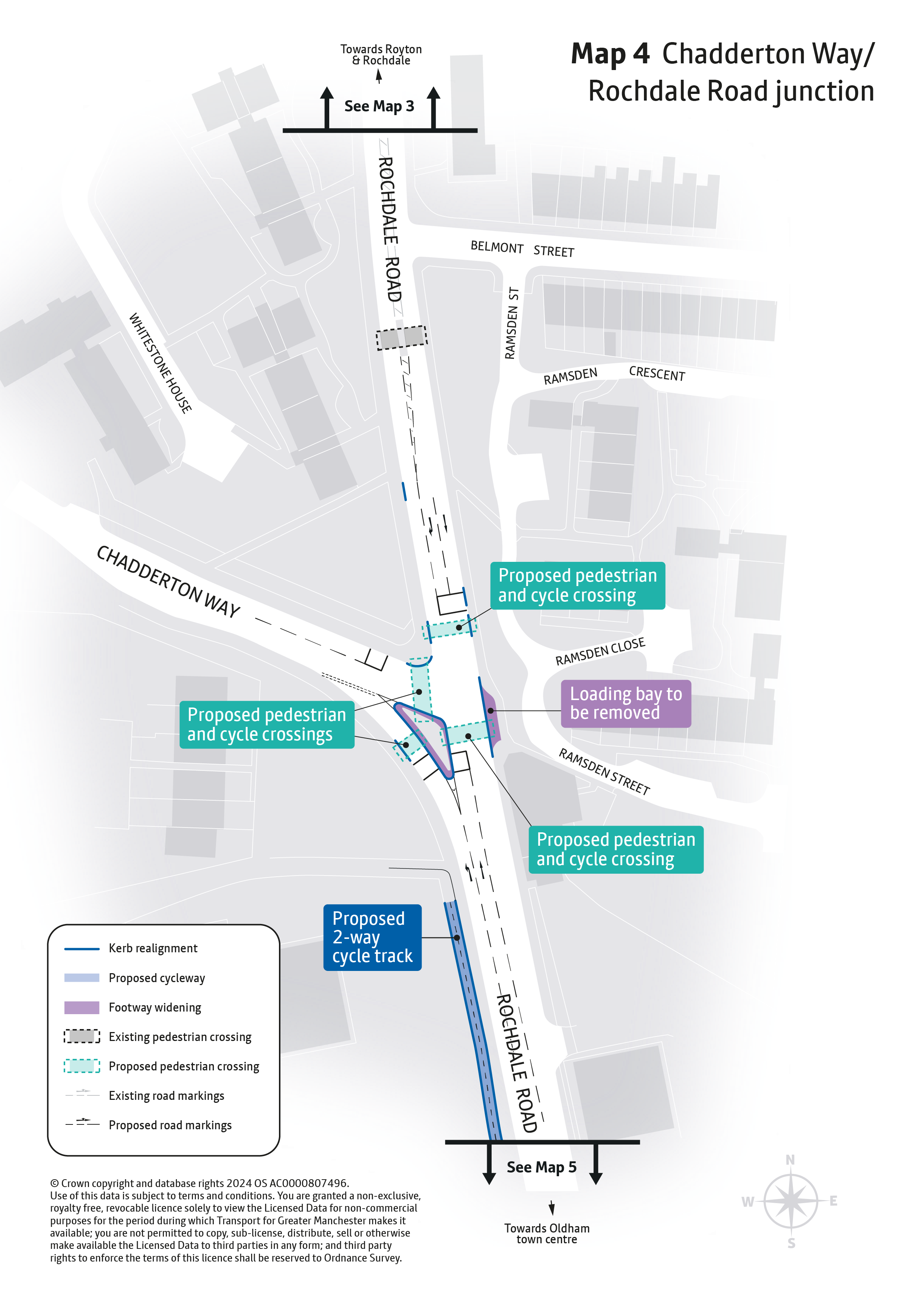 Map outline showing proposed improvements at the junction of Rochdale Road and Chadderton Way. Improvements proposed are explained in accompanying text and include new pedestrian crossings and removal of the layby to the east of the junction.