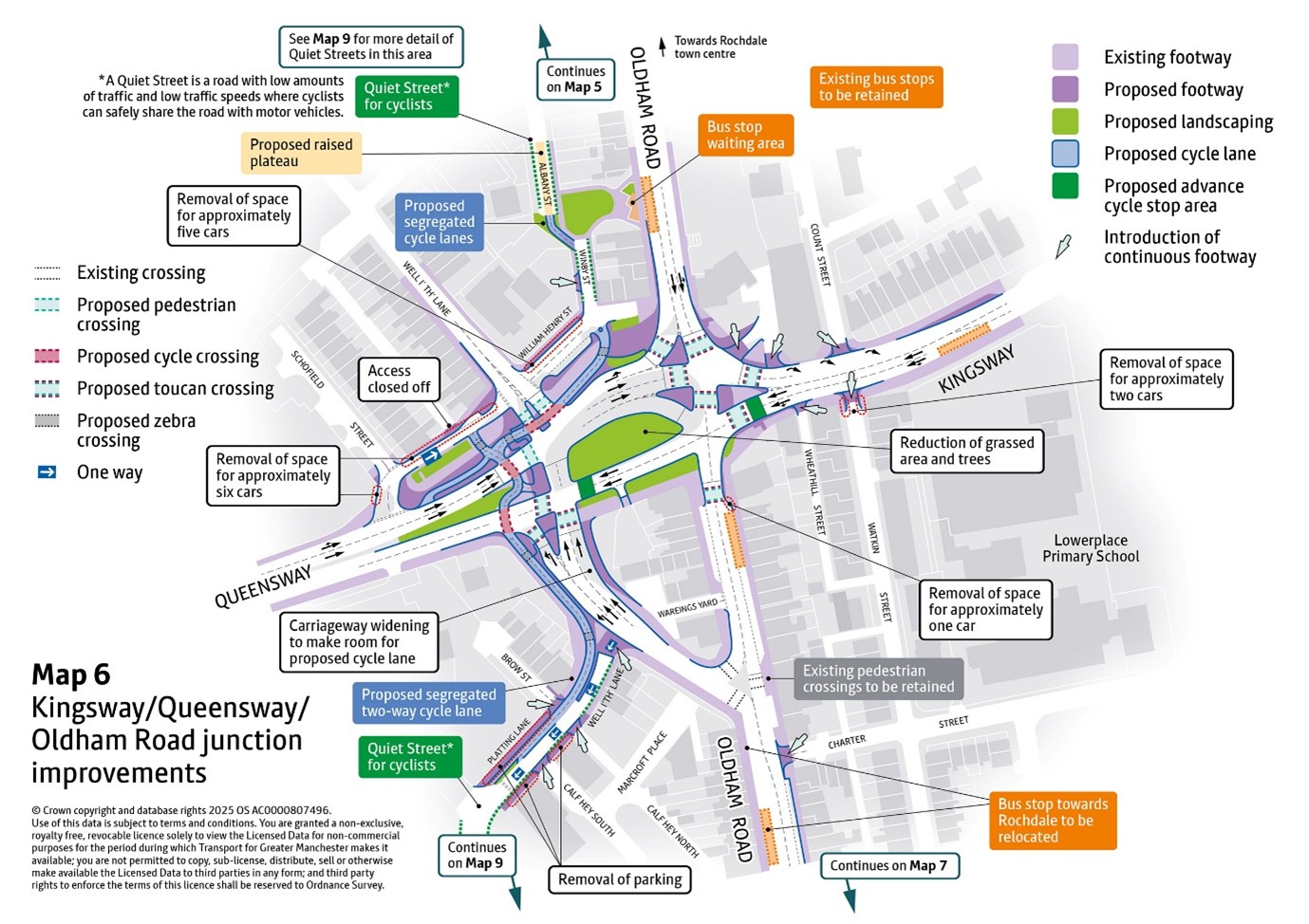 Map outline showing proposed improvements on the A671 Oldham Road at the Kingsway/Queensway junction. Improvements proposed are explained in accompanying text.