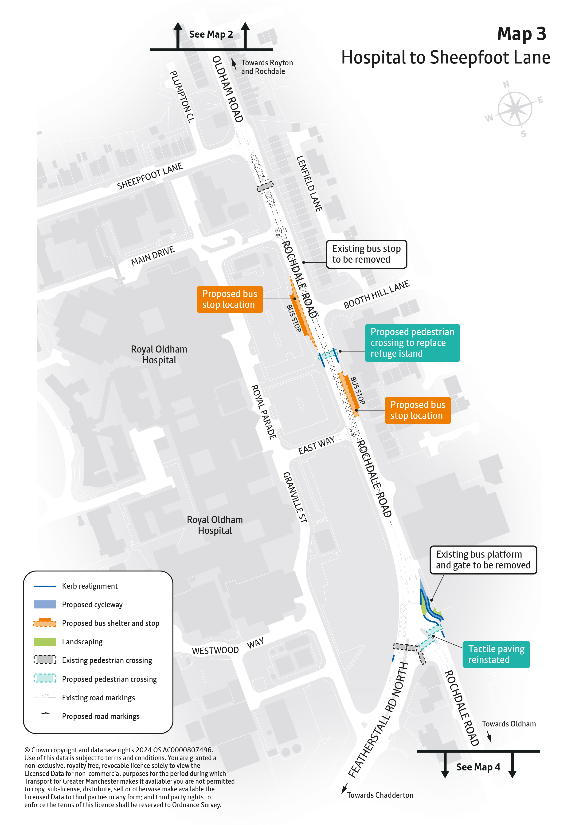 Map outline showing proposed improvements on Oldham Road between Sheepfoot Lane and Featherstall Road North. Improvements proposed are explained in accompanying text and include relocation of Oldham-bound bus stops with new shelters, removal of the bus gate at Featherstall road junction and a new push button crossing at the pedestrian entrance to the hospital.