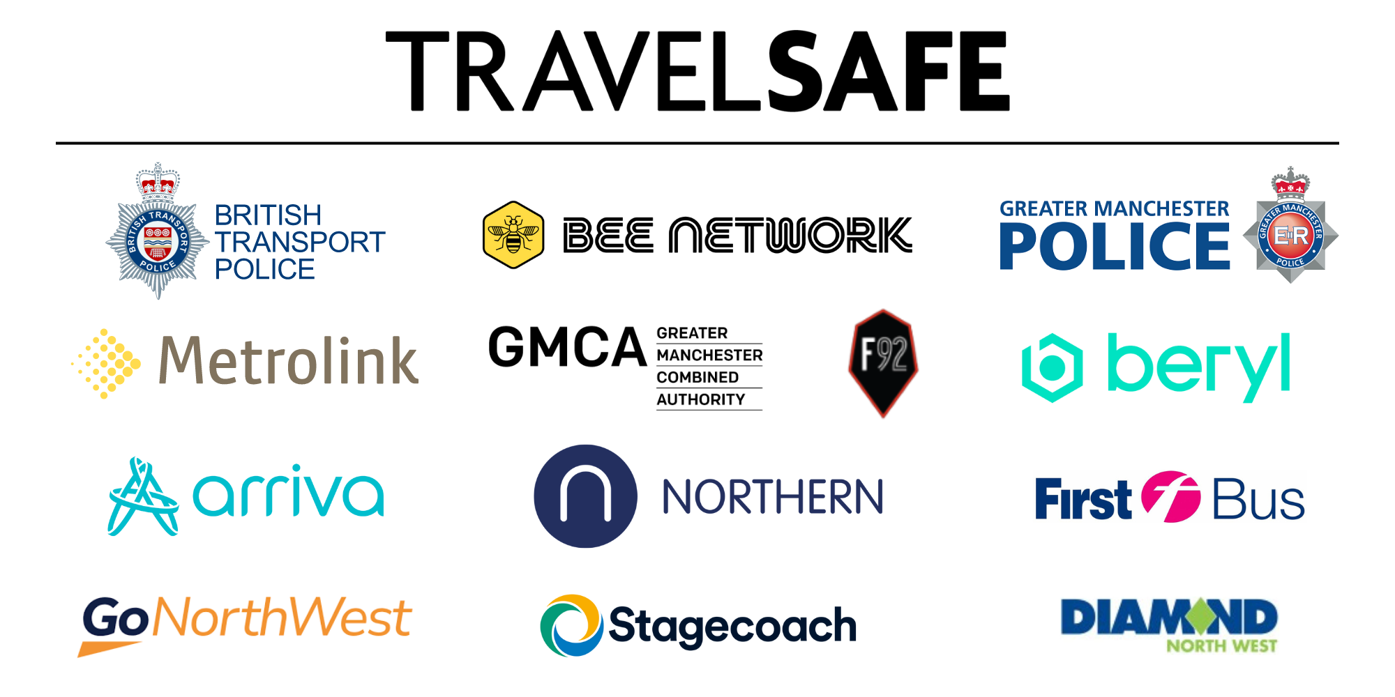 All travelsafe logos including the police, bee network, metrolink, gmca, beryl, arrive, foundation 92, first bus, go north west, stagecoach and diamond