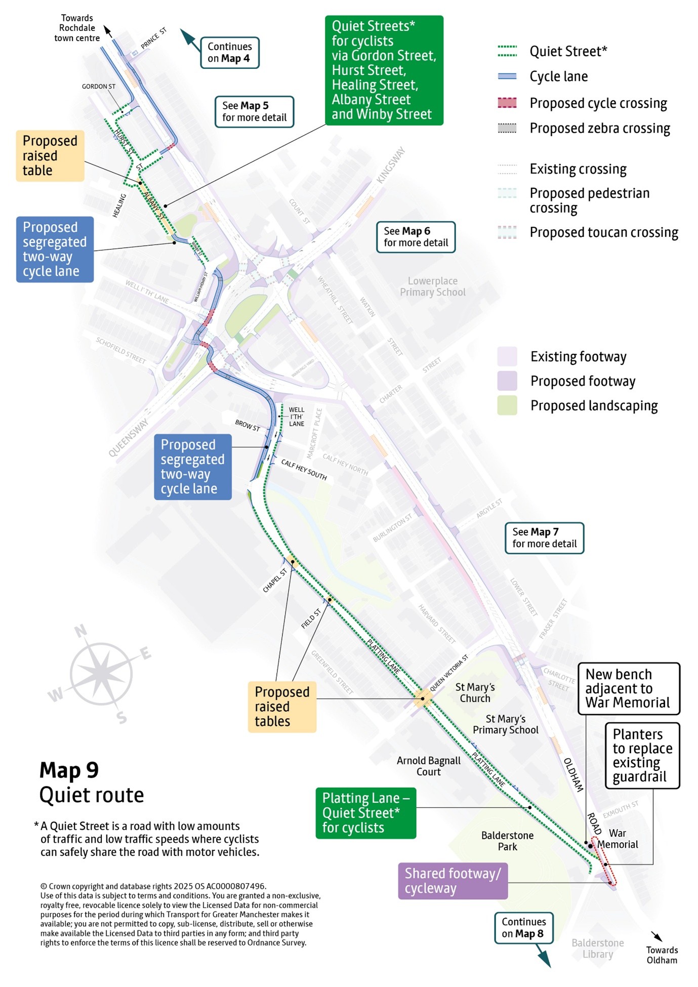 Map outline showing proposed improvements off the A671 Oldham Road from Gordon St/Hurst St (northbound) and Healing St (southbound) through Kingsway/Queensway, Platting Lane to Balderstones Park. Improvements proposed are explained in accompanying text.