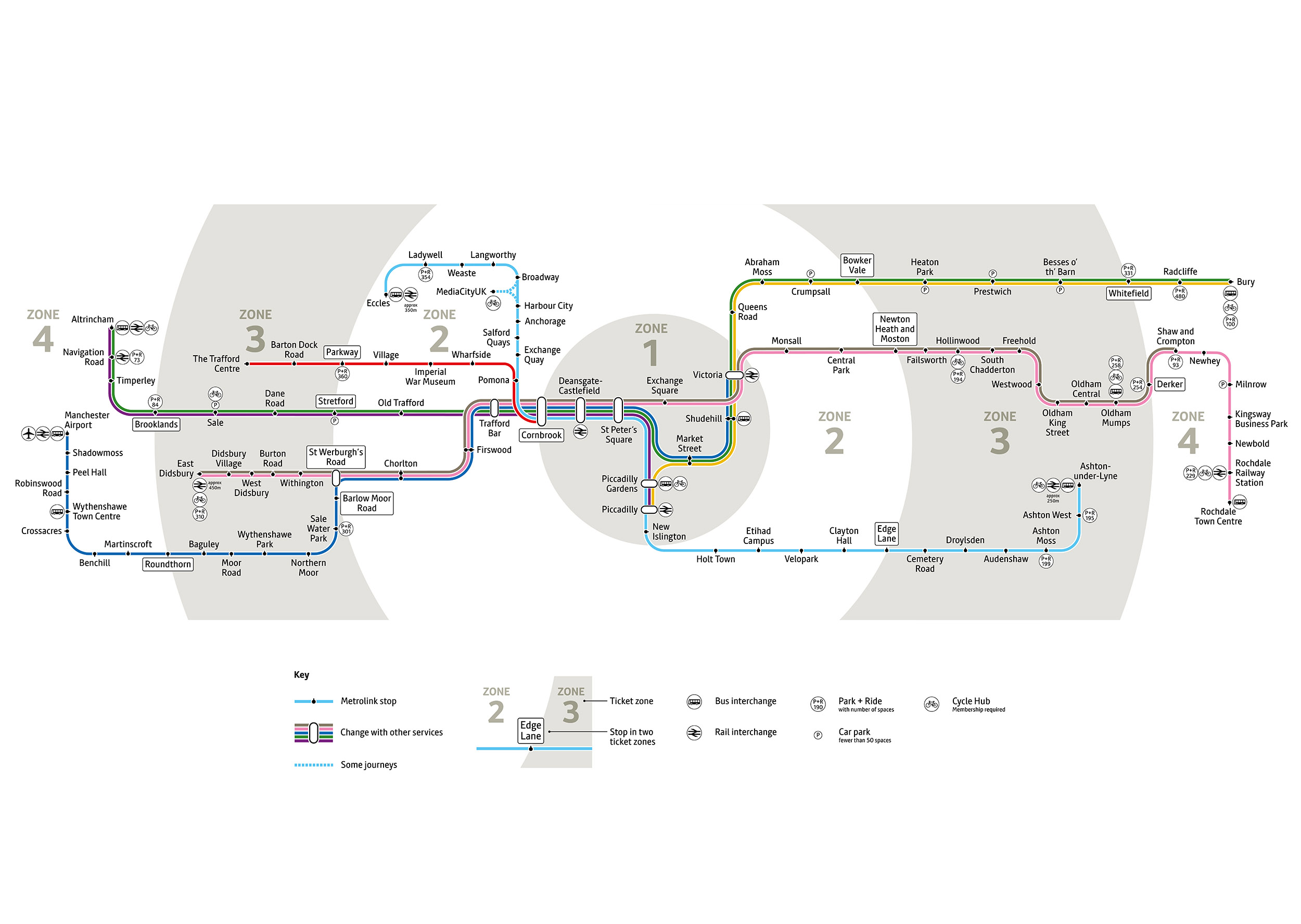 Map showing the Metrolink lines and stops across Greater Manchester, effective from June 2022