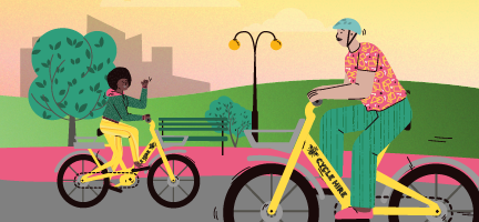 Two people meeting while cycling on GM cycle hire bikes