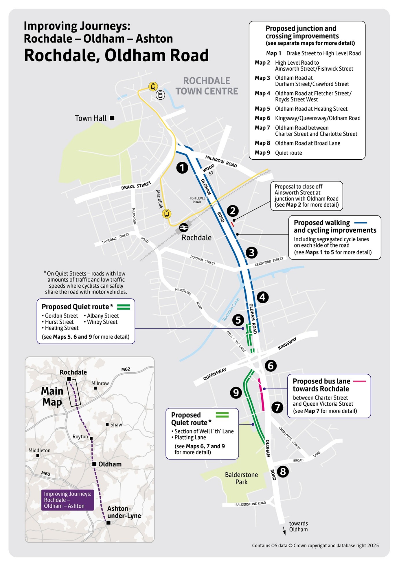 Map overview showing the Rochdale Oldham Ashton Bus Corridor. Areas along the A671 proposed for improvement works are highlighted.