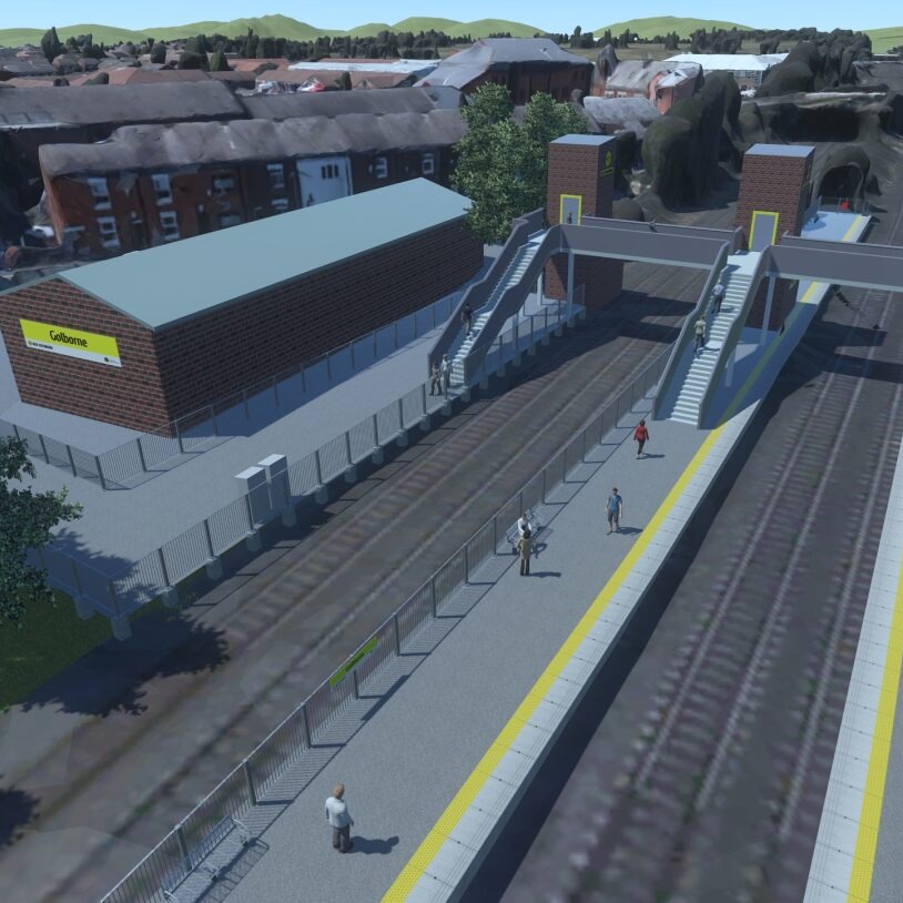 This picture shows a computer-generated image of the proposed Golborne Train Station. The main station entrance and station building are located on the left-hand side of the image. The station name of Golborne is shown in a yellow box with black text on the side of the building. There are two sets of stairs and lift shafts illustrating access to the platforms with a bridge providing connections across the railway line. Two platforms are shown on either side of the railway line.