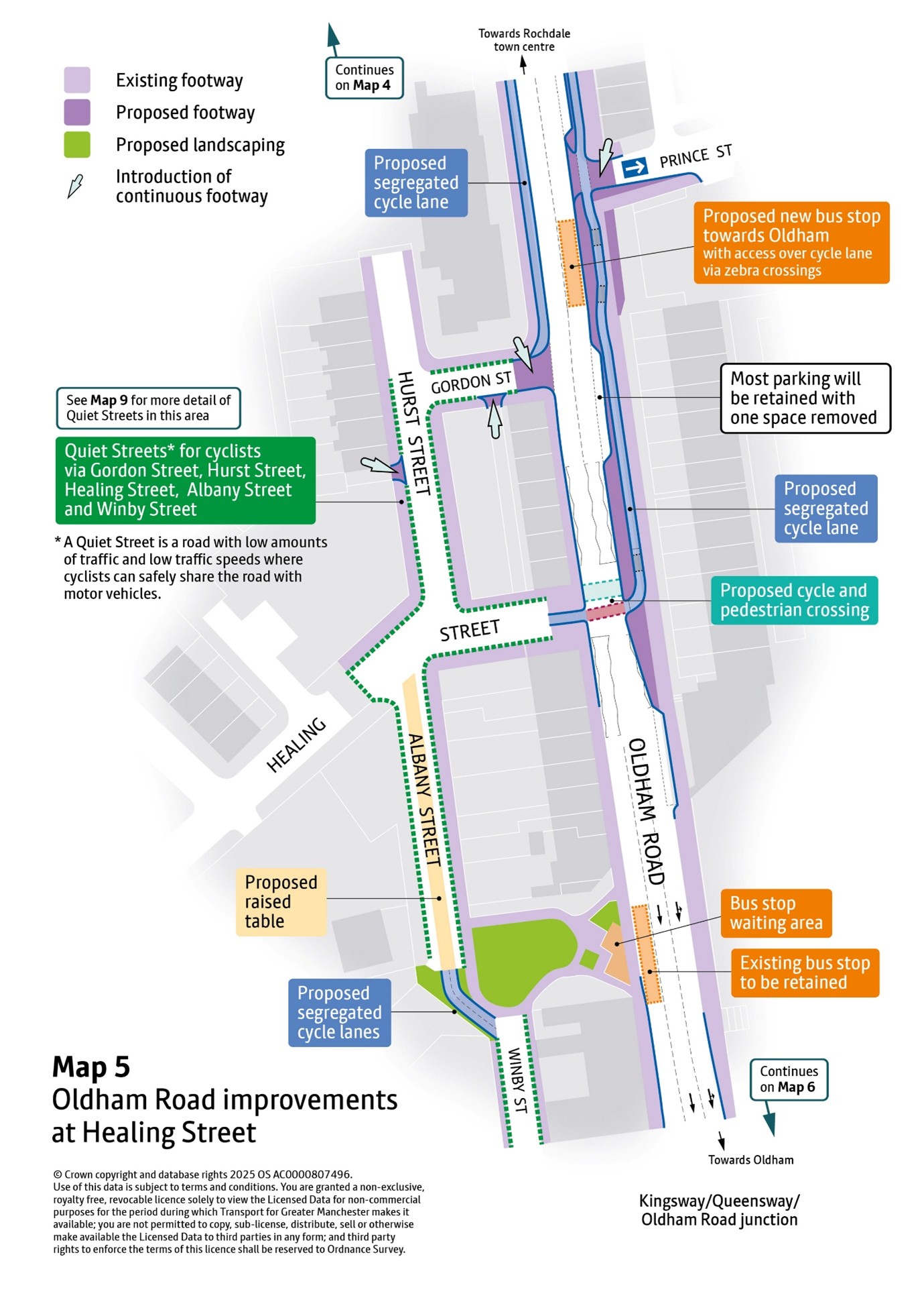 Map outline showing proposed improvements on the A671 Oldham Road at Healing Street. Improvements proposed are explained in accompanying text.