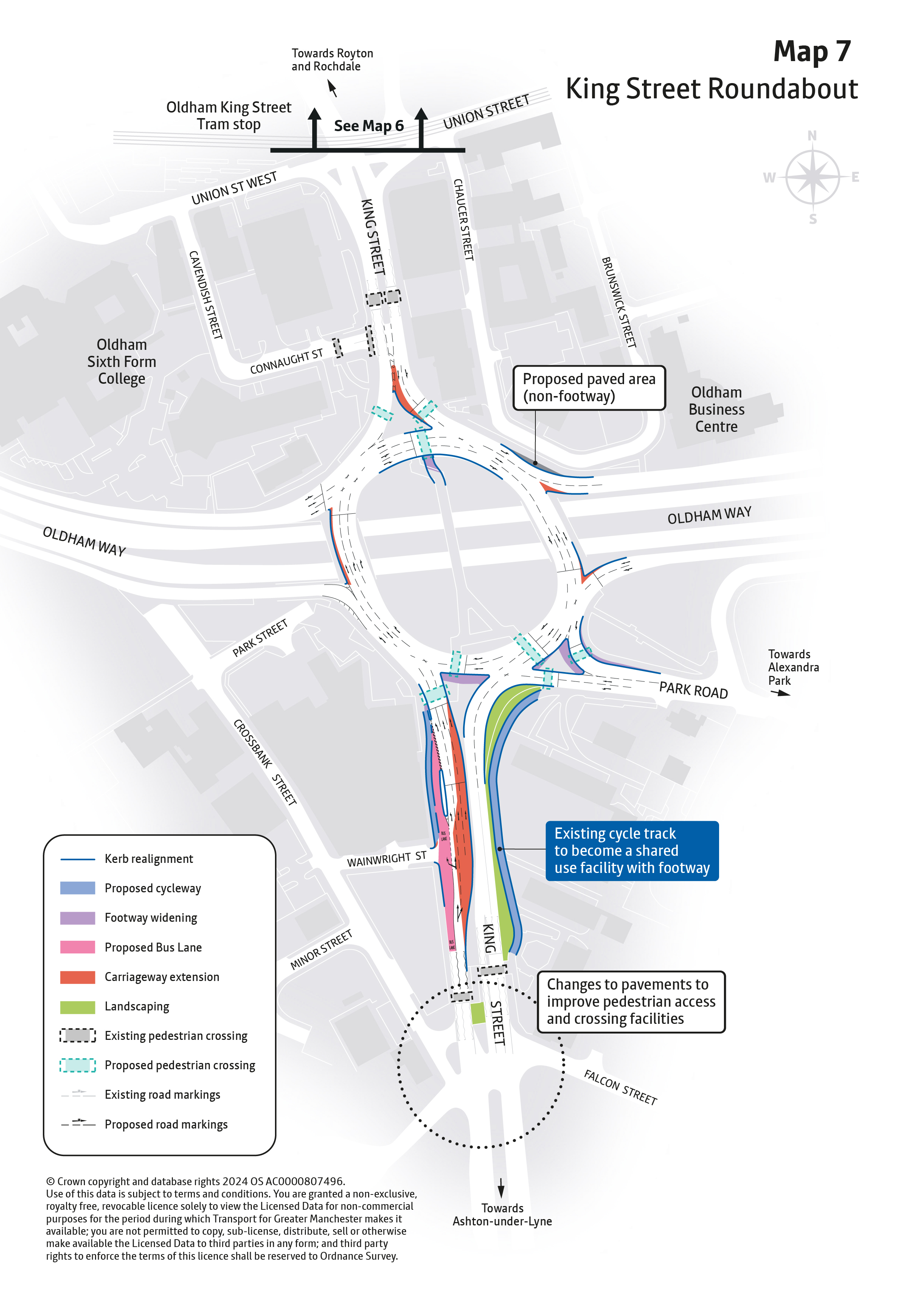 Map outline showing proposed improvements at King Street Roundabout. Improvements proposed are explained in accompanying text and include junction improvements for all traffic including buses and a bus gate on King St to the south of the roundabout.