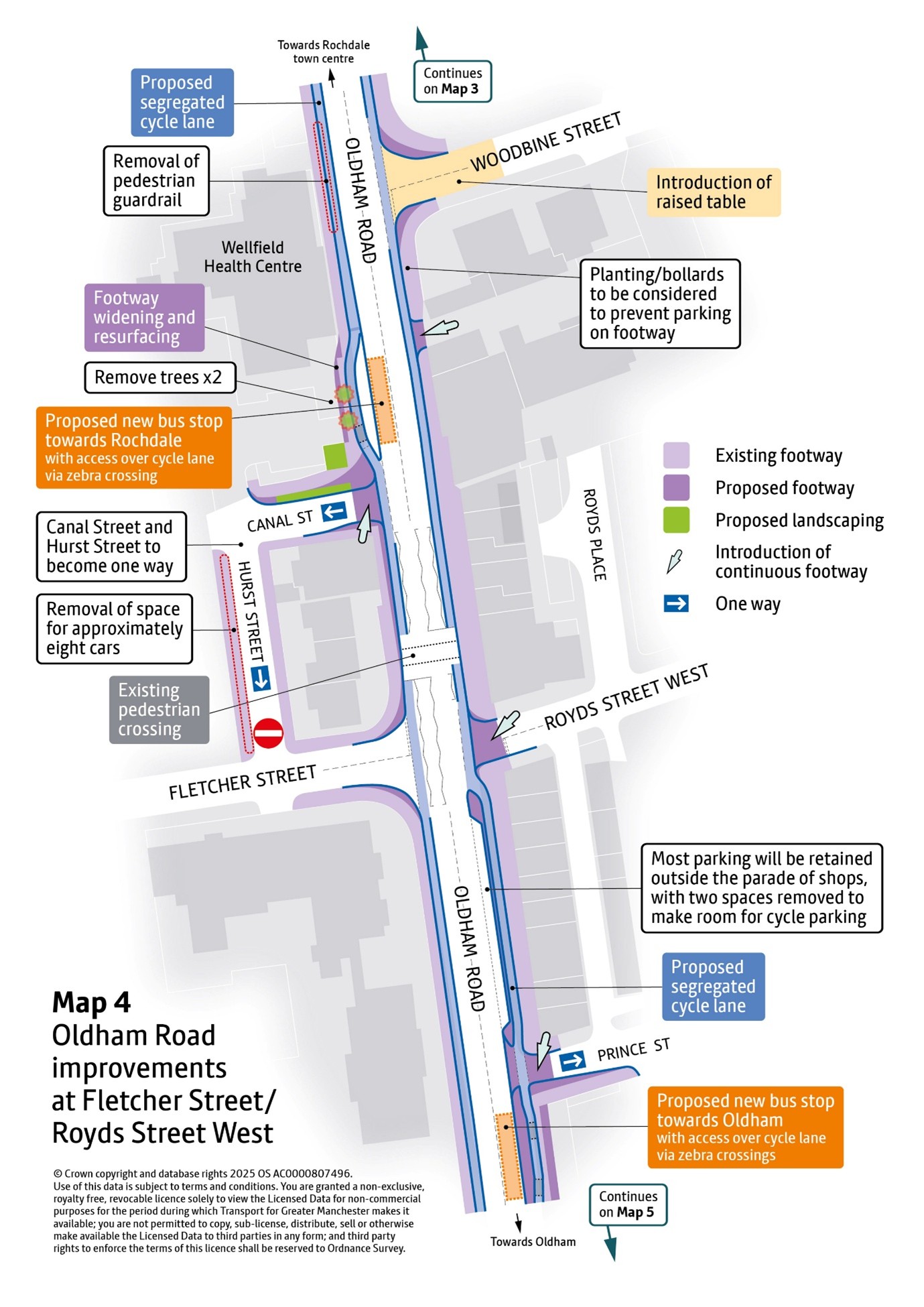 Map outline showing proposed improvements on the A671 Oldham Road at Fletcher Street/Royds Street West. Improvements proposed are explained in accompanying text .