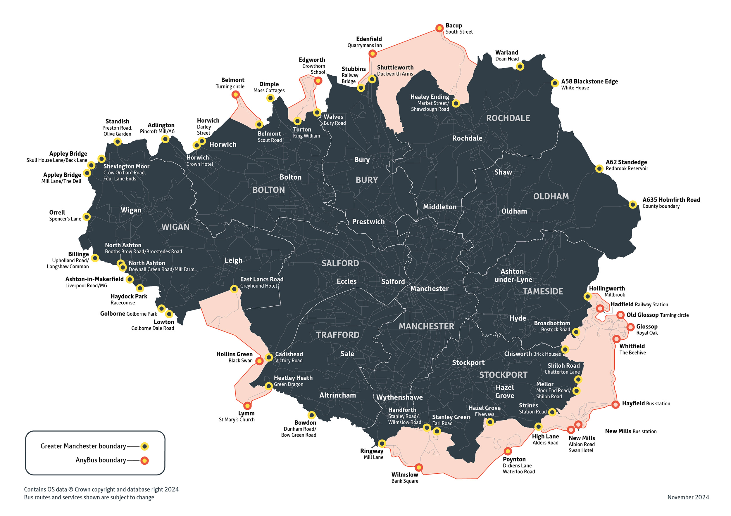 Greater Manchester boundary and AnyBus ticket boundary