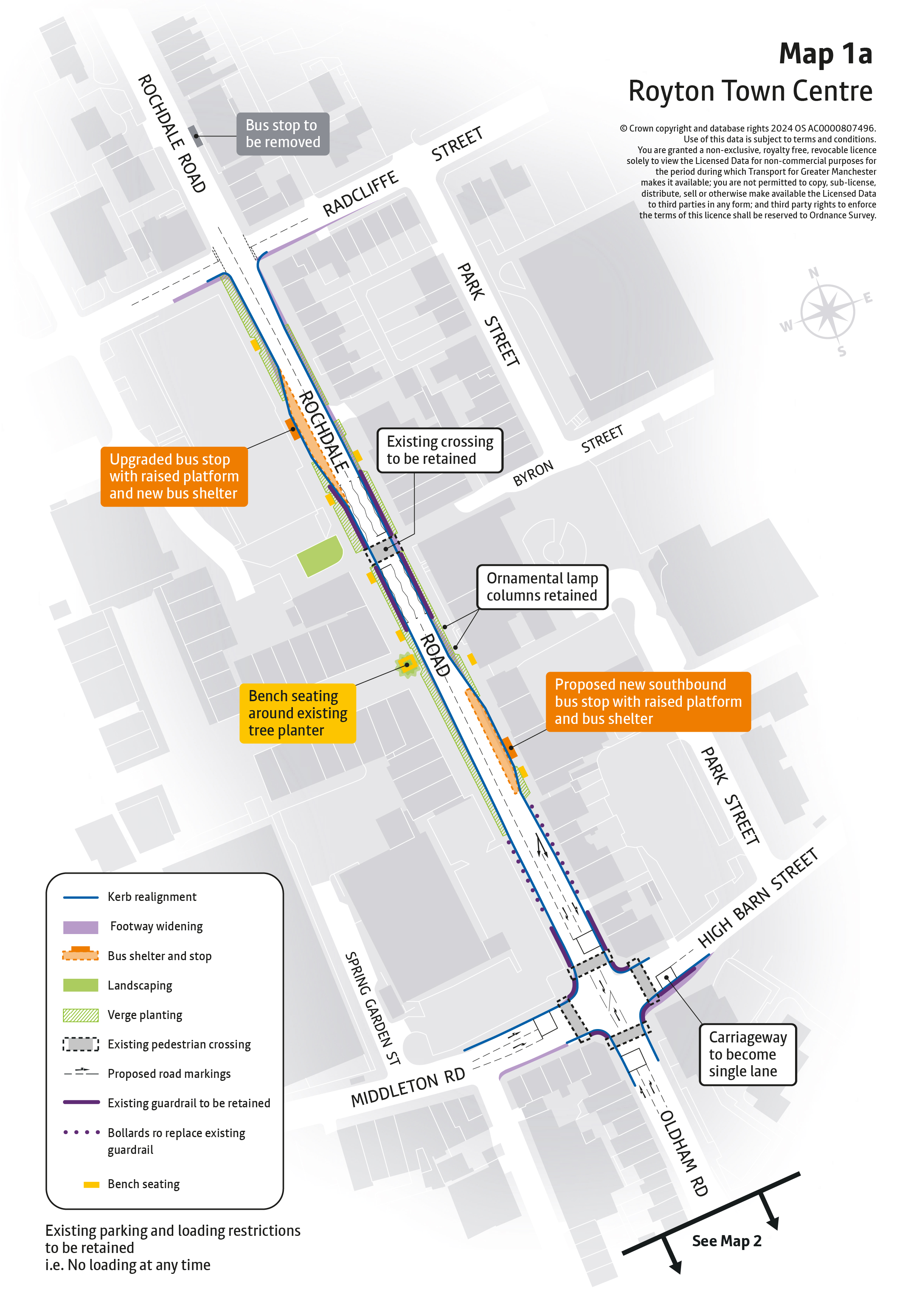 Map outline showing proposed improvements on Rochdale Road in Royton Town Centre. Improvements proposed are explained in accompanying text and include a new Oldham-bound bus stop, green infrastructure and improvements to High Barn St/Middleton Road junction for pedestrians.