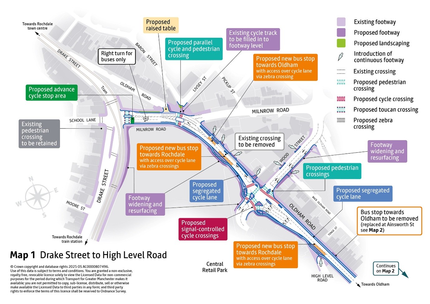 Map outline showing proposed improvements on the A671 Oldham Road and Milnrow Road between the junctions with Drake Street and High Level Road. Improvements proposed are explained in accompanying text.