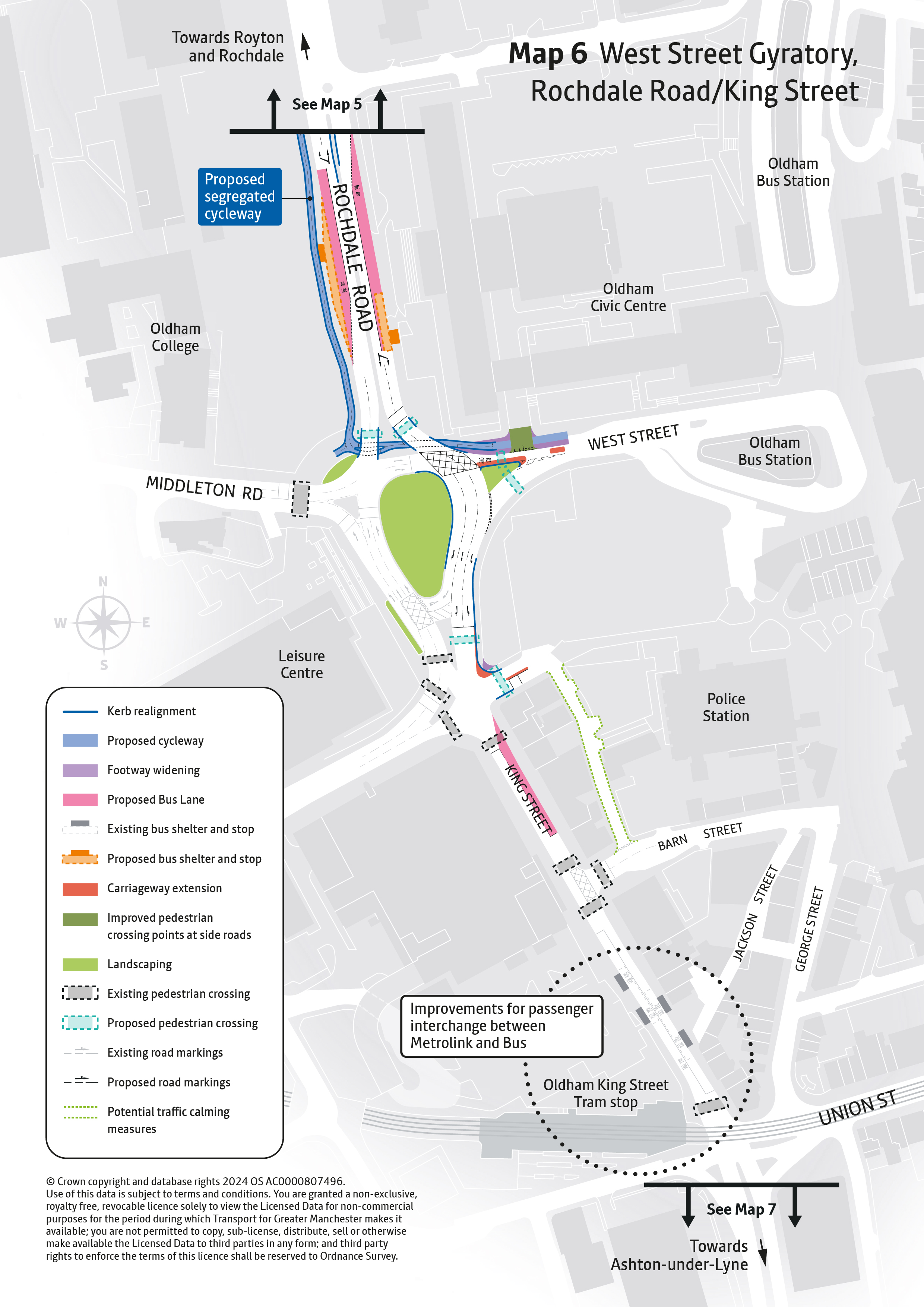 Map outline showing proposed improvements at West Street Gyratory to Union Street. Improvements proposed are explained in accompanying text and include new bus lanes on Rochdale Road and a southbound bus only section between Manchester Street and Union Street.