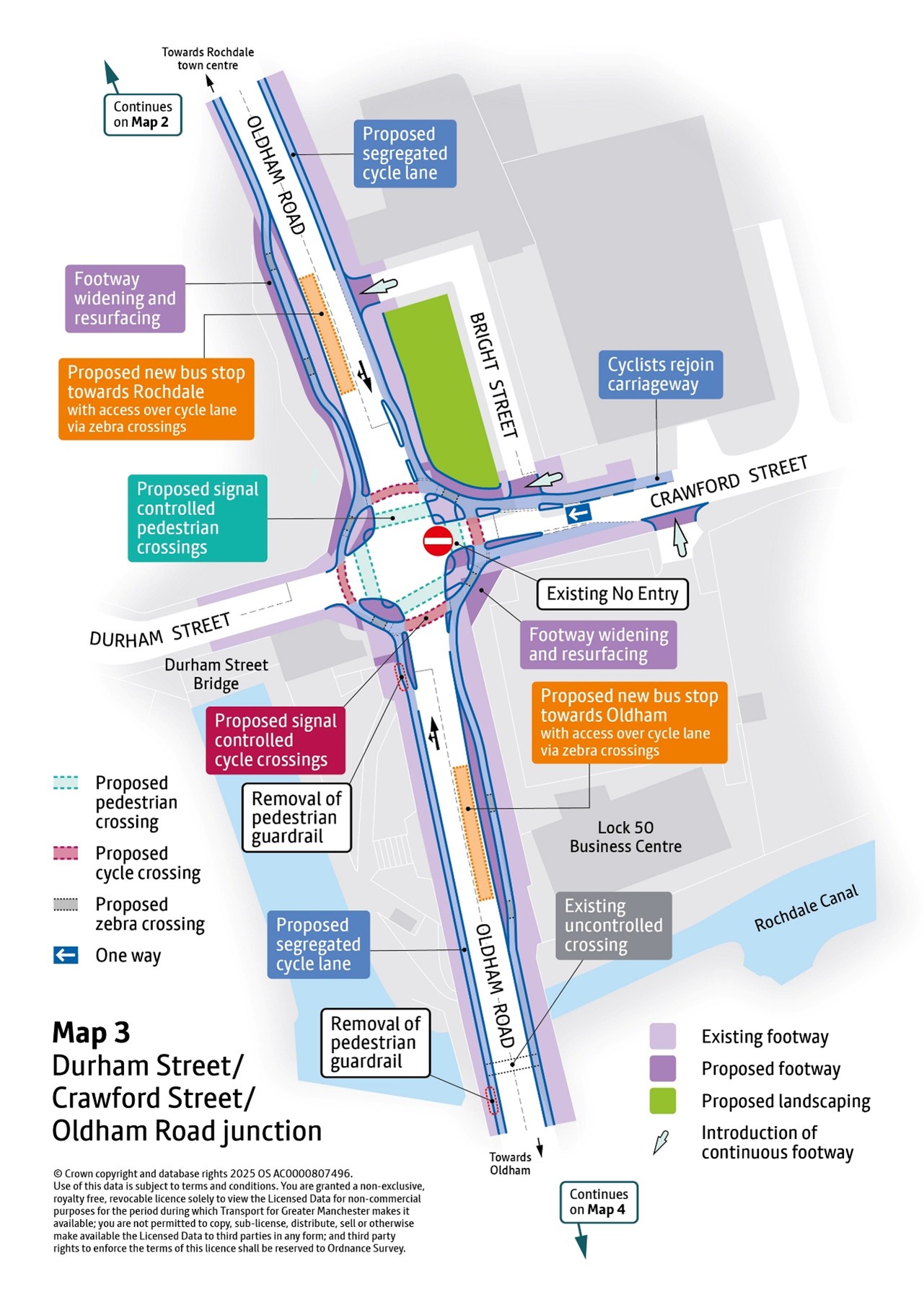 Map outline showing proposed improvements on the A671 Oldham Road junction with Durham Street/Crawford Street. Improvements proposed are explained in accompanying text.
