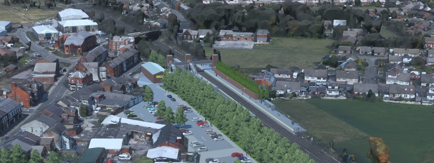 This is an aerial computer-generated image of the proposed Golborne Railway Station looking towards the north-east over the town centre and the proposed station. The newly designed town centre car park is shown in the middle of the image with the existing town centre located in bottom left-hand corner of the image. The train station and platforms are shown to the north-east of the existing car park in the middle of the image. The residential areas located to the east of the proposed railway station are shown in the top right corner of the image. 