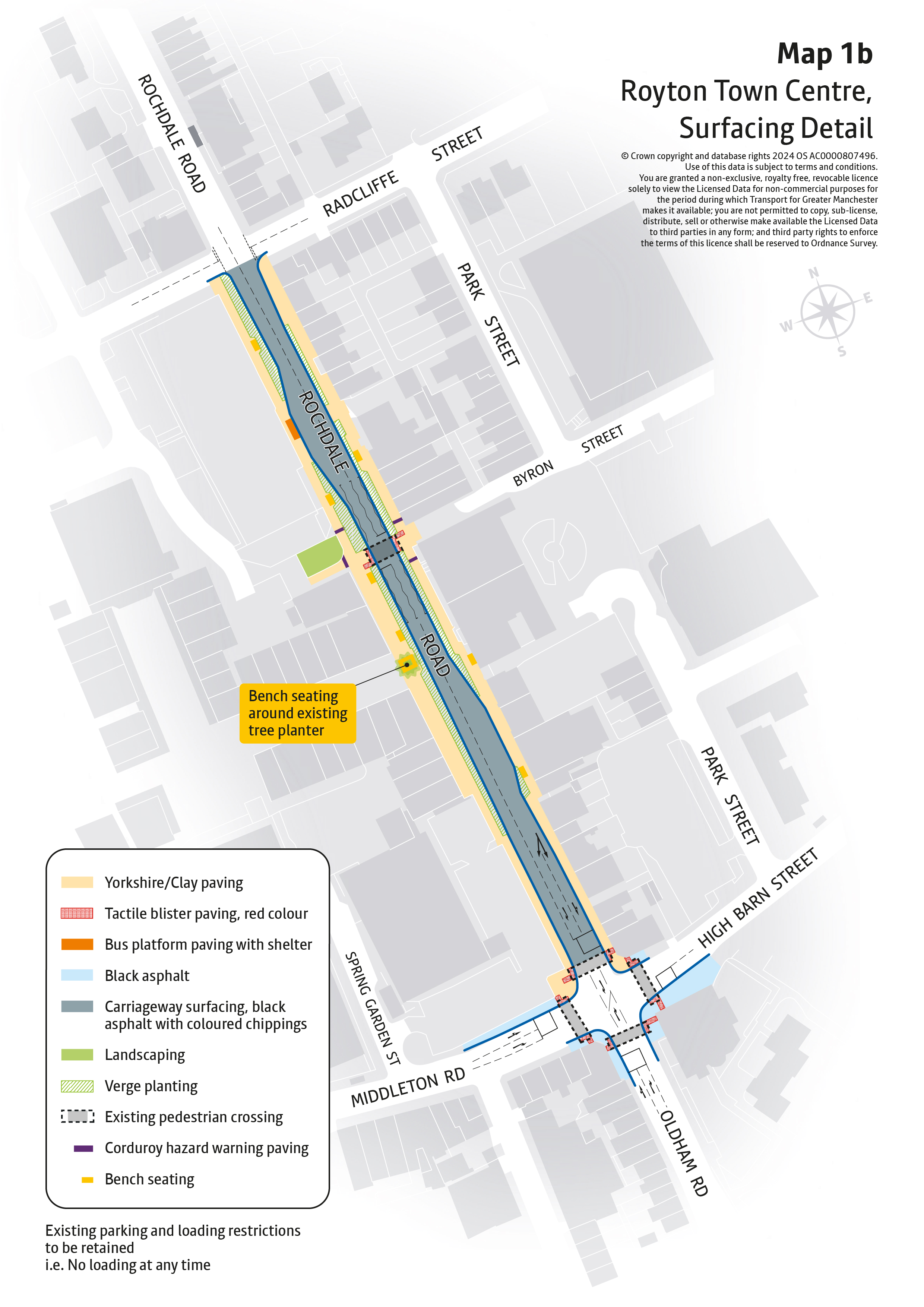 Map outline showing proposed surfacing on Rochdale Road in Royton Town Centre. Improvements proposed are explained in accompanying text and include Yorkshire/Clay paving on footway along Rochdale Road and green space adjacent to the carriageway.