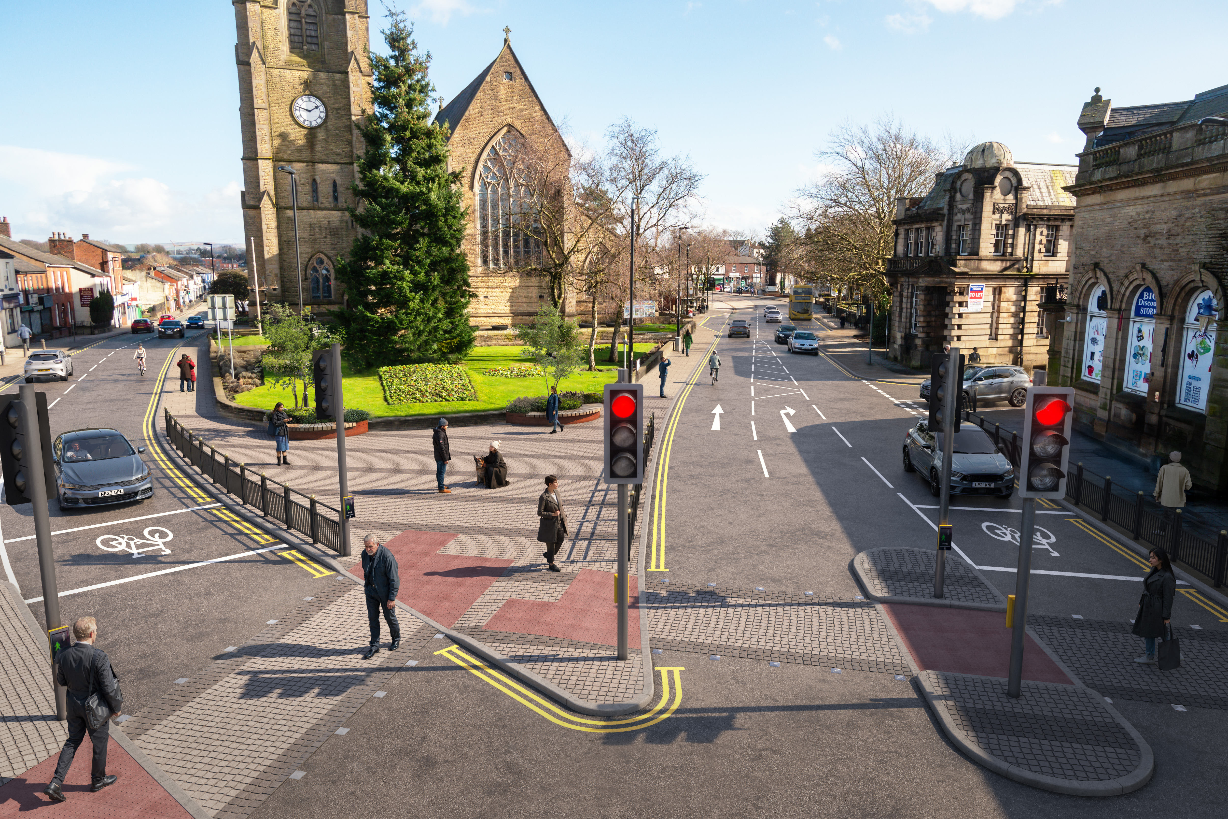 Junction by the church in Heywood Town Centre
