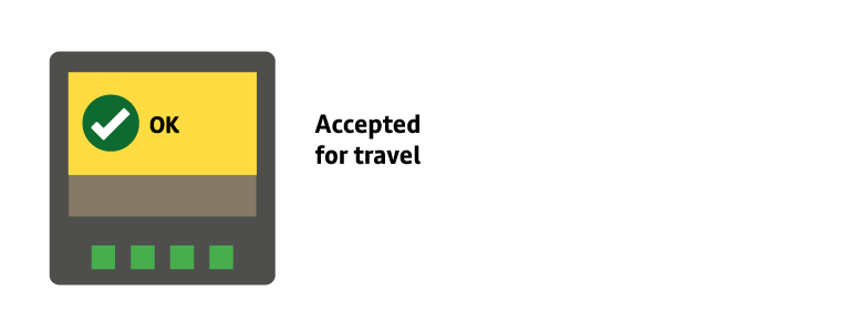 A card reader showing a green tick with the text 'accepted for travel'
