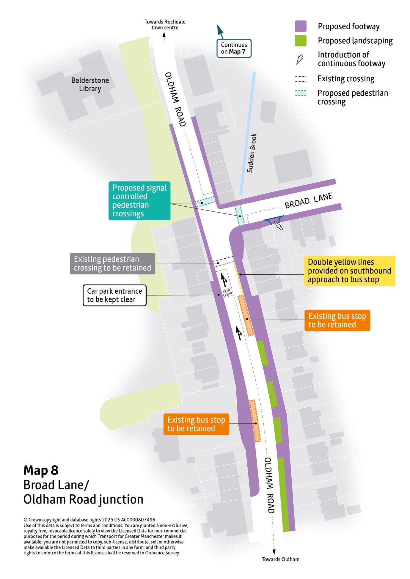 Map outline showing proposed improvements on the A671 Oldham Road/Broad Lane Junction.  Improvements proposed are explained in accompanying text.