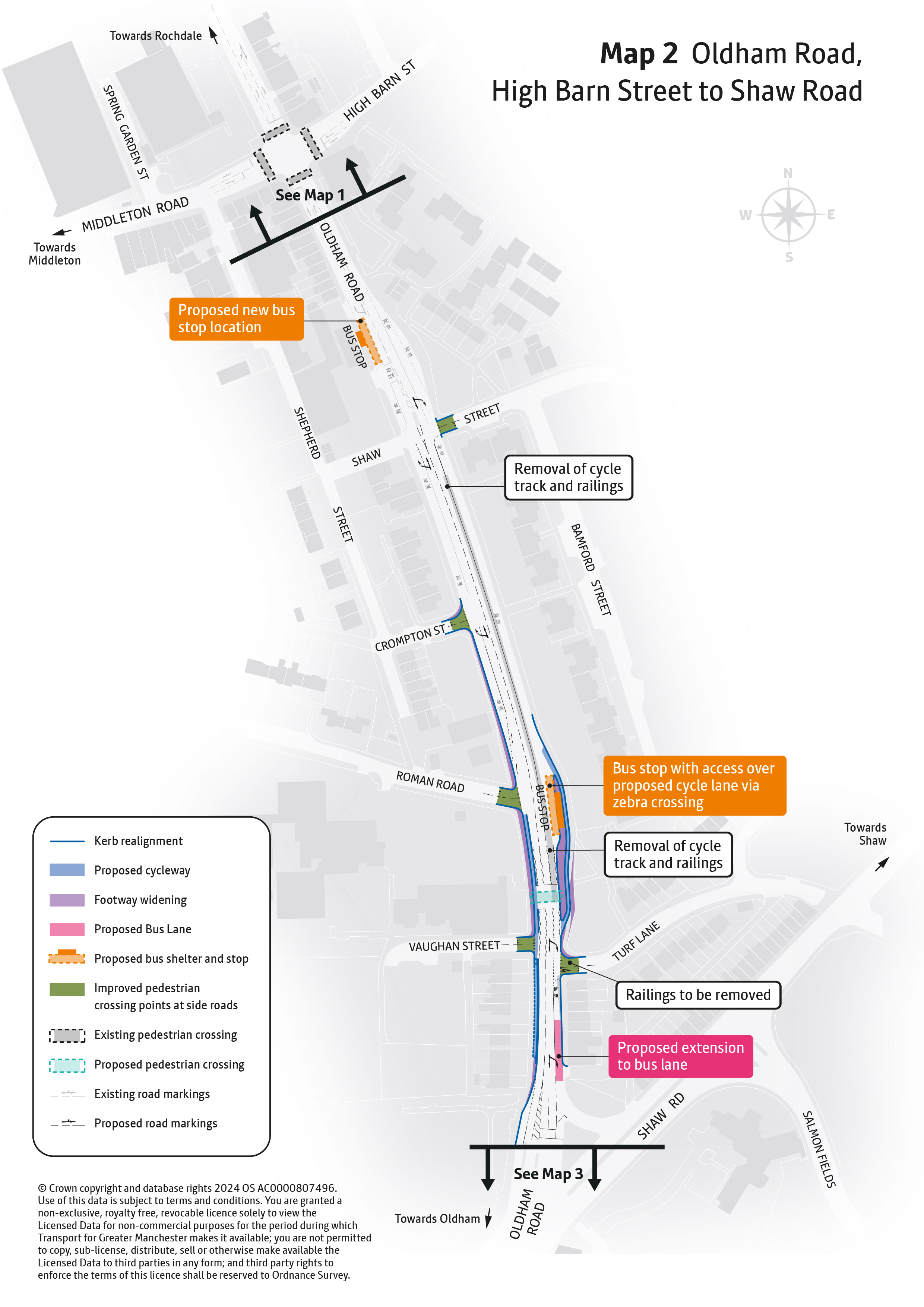 Map outline showing proposed improvements on Oldham Road between High Barn Street and Shaw Road. Improvements proposed are explained in accompanying text and include removal of the existing cycle facility, relocation of the Rochdale-bound bus stop near Shaw St and extension of a southbound bus lane to the junction with Shaw Road.