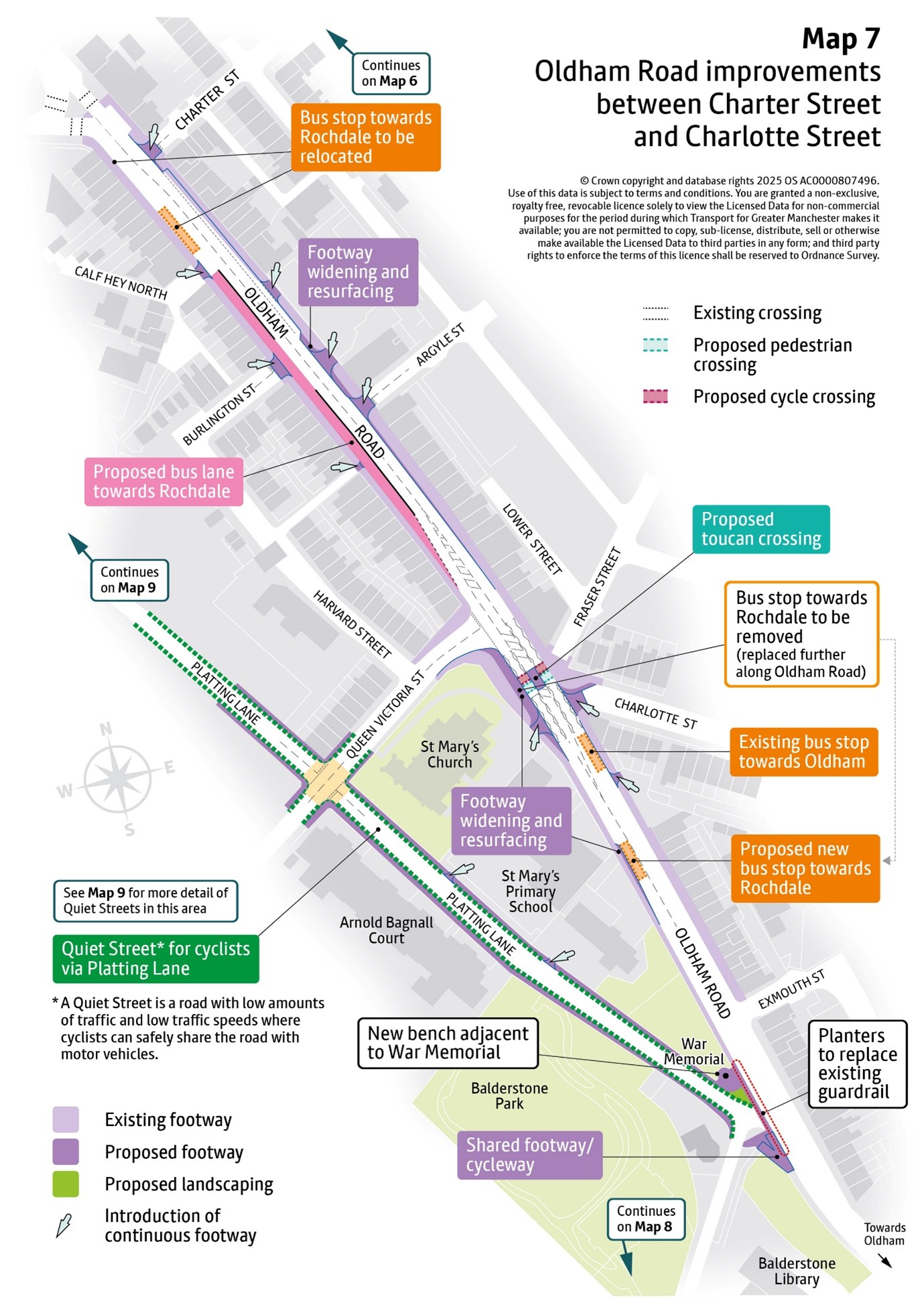 Map outline showing proposed improvements on the A671 Oldham Road between Charter Street and Charlotte Street. Improvements proposed are explained in accompanying text .