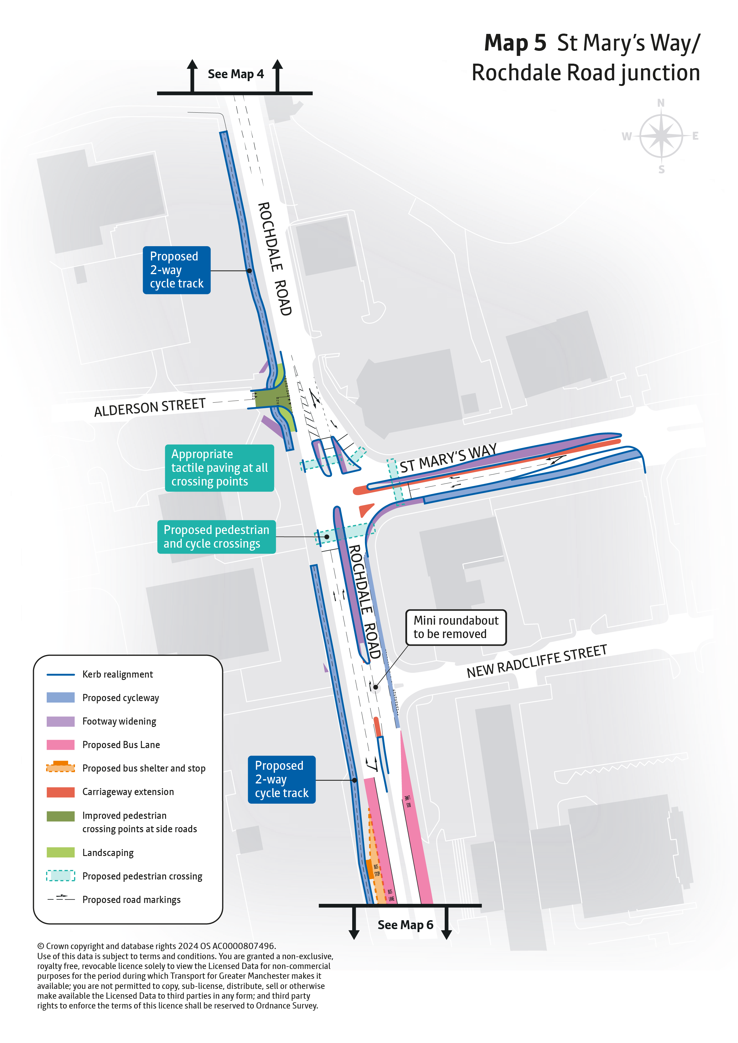 Map outline showing proposed improvements at the junction of Rochdale Road and St Mary’s Way. Improvements proposed are explained in accompanying text and include new pedestrian and cycle crossings and the removal of the mini roundabout at New Radcliffe Street.