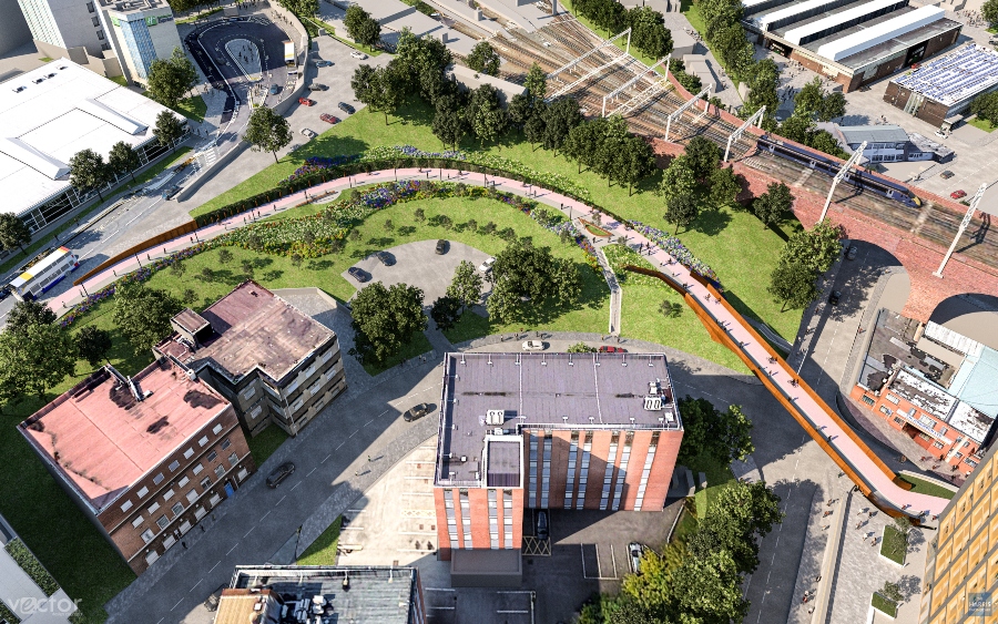 Aerial view of the new pedestrian and cycle link between the new park and Station Rd